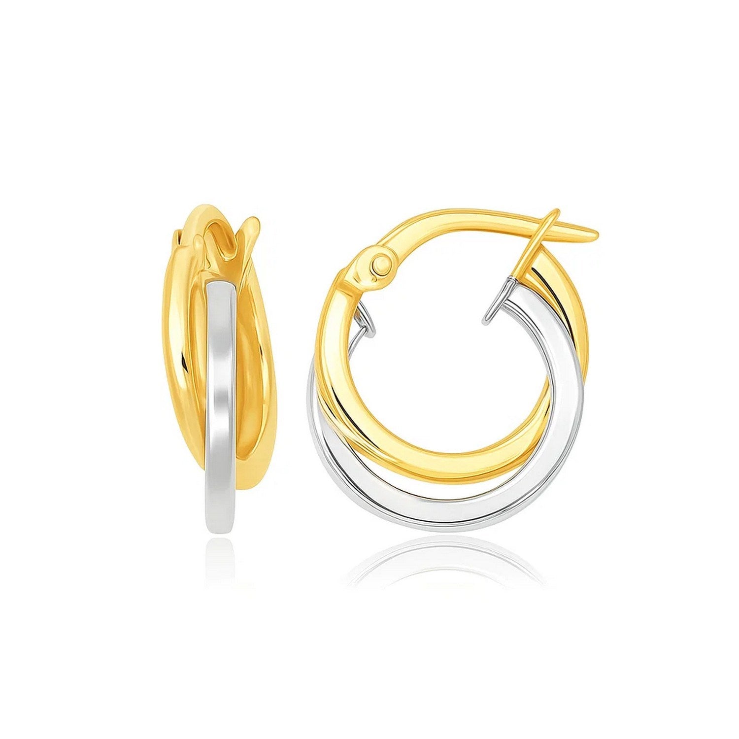 14k Two Tone Gold Earrings in Double Round Hoop Style in a sleek high-contrast midnight luxury editorial style