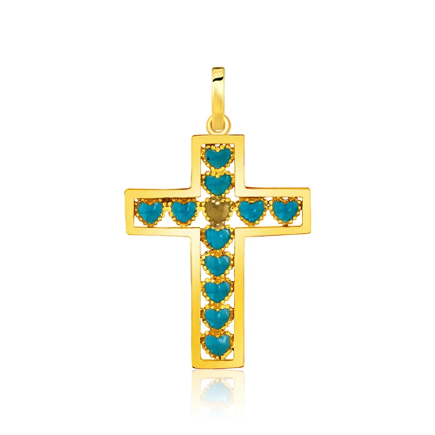 14K Yellow Gold Green Heart Cross Pendant - Peelerie