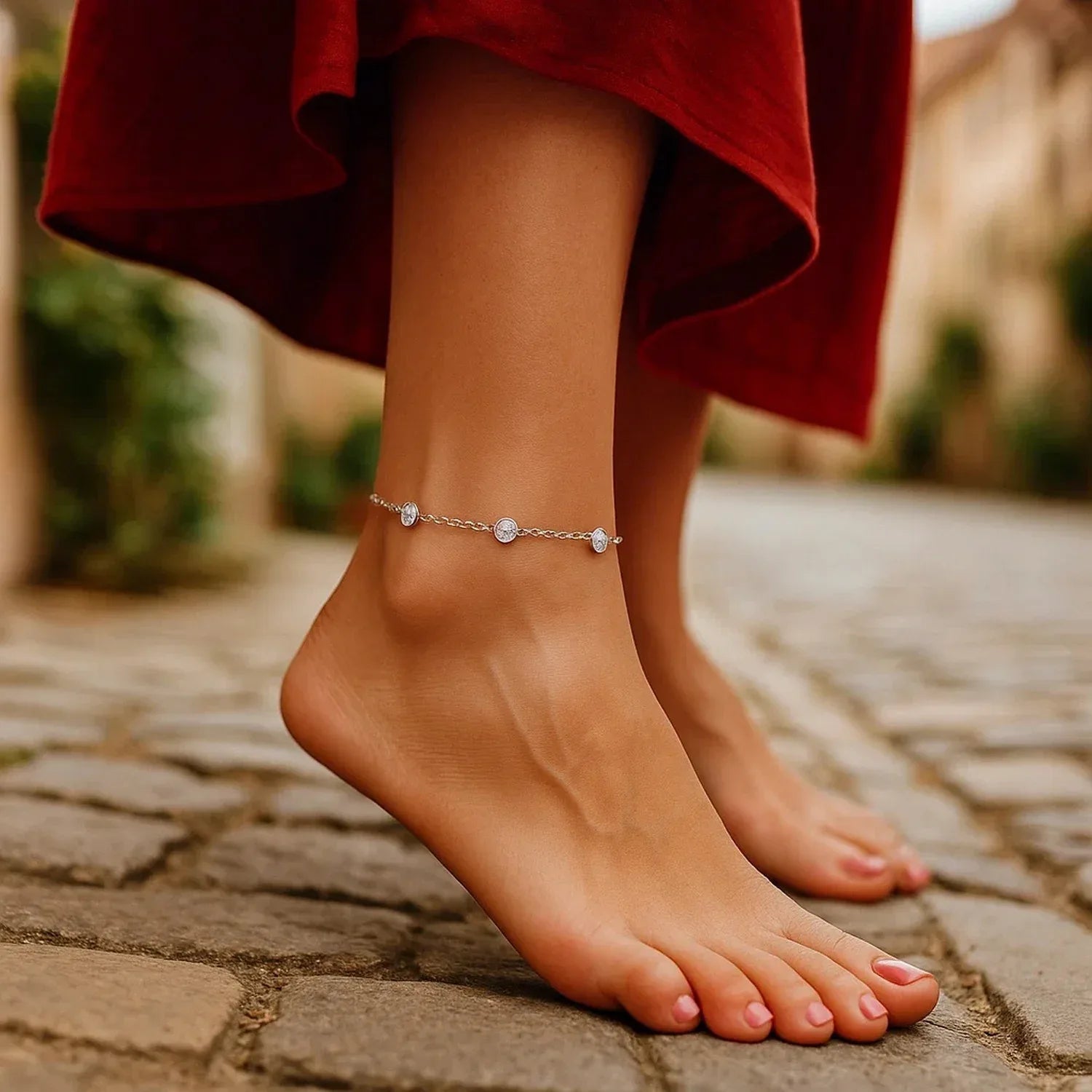 14k White Gold Anklet with Round White Cubic Zirconia - Peelerie