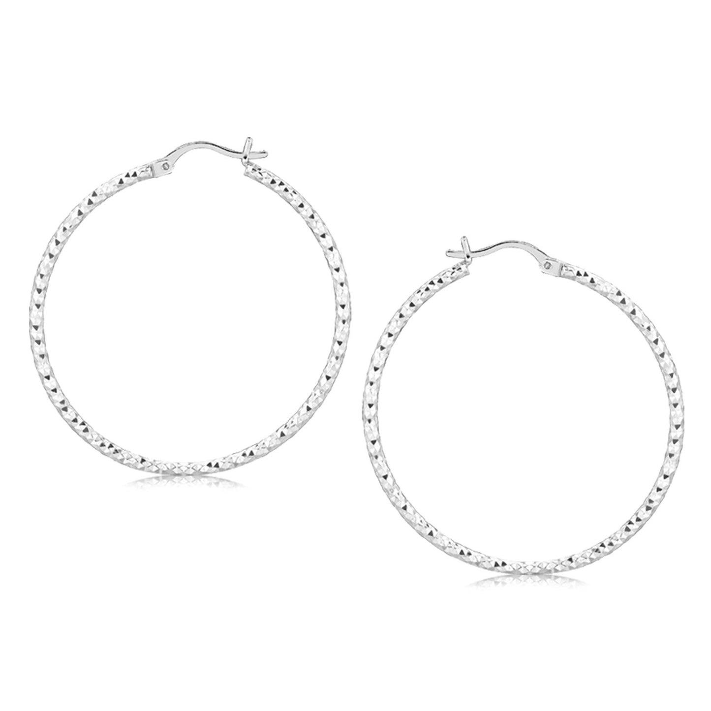 Sterling Silver Rhodium Plated Large Faceted Style Hoop Earrings(2x40mm) in a sleek high-contrast midnight luxury editorial s
