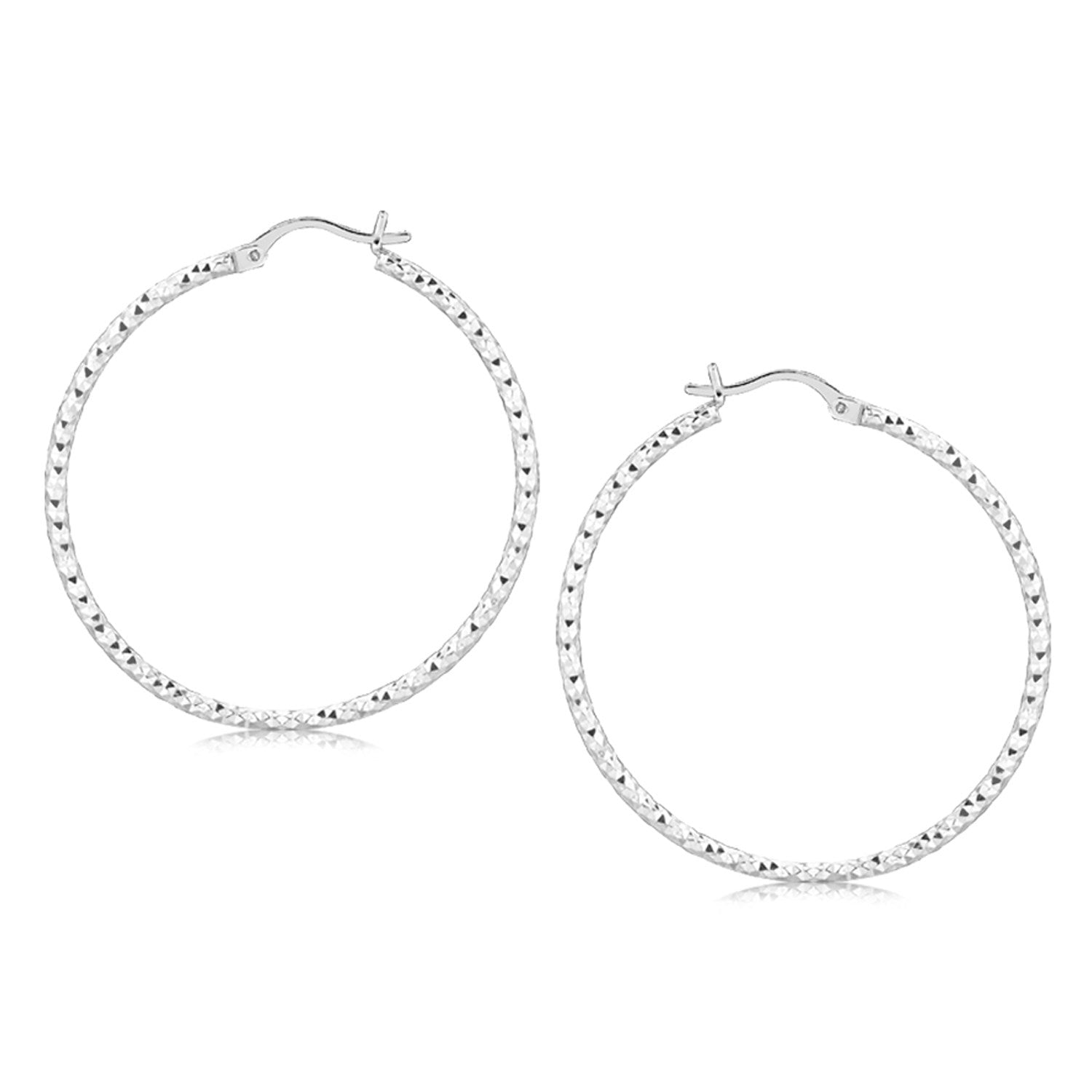 Sterling Silver Rhodium Plated Large Faceted Style Hoop Earrings(2x40mm) in a sleek high-contrast midnight luxury editorial s