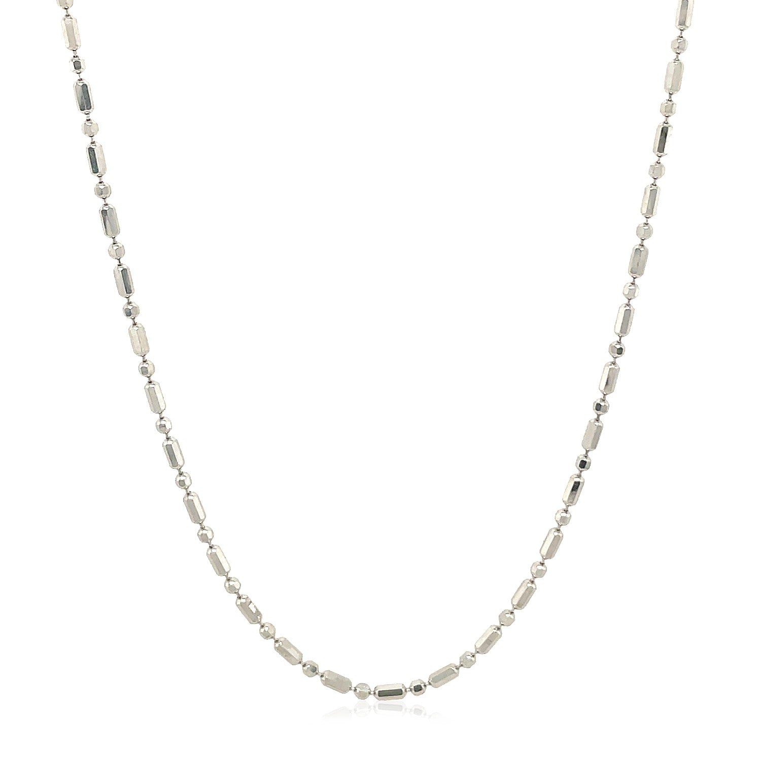 14k White Gold Diamond-Cut Alternating Bead Chain (1.30 mm) in a sleek high-contrast midnight luxury editorial style
