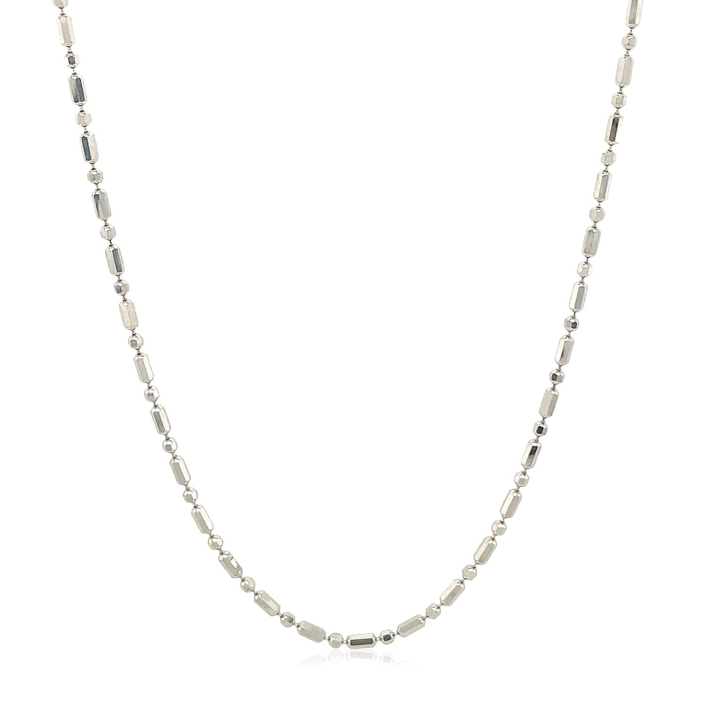 14k White Gold Diamond-Cut Alternating Bead Chain (1.30 mm) in a sleek high-contrast midnight luxury editorial style
