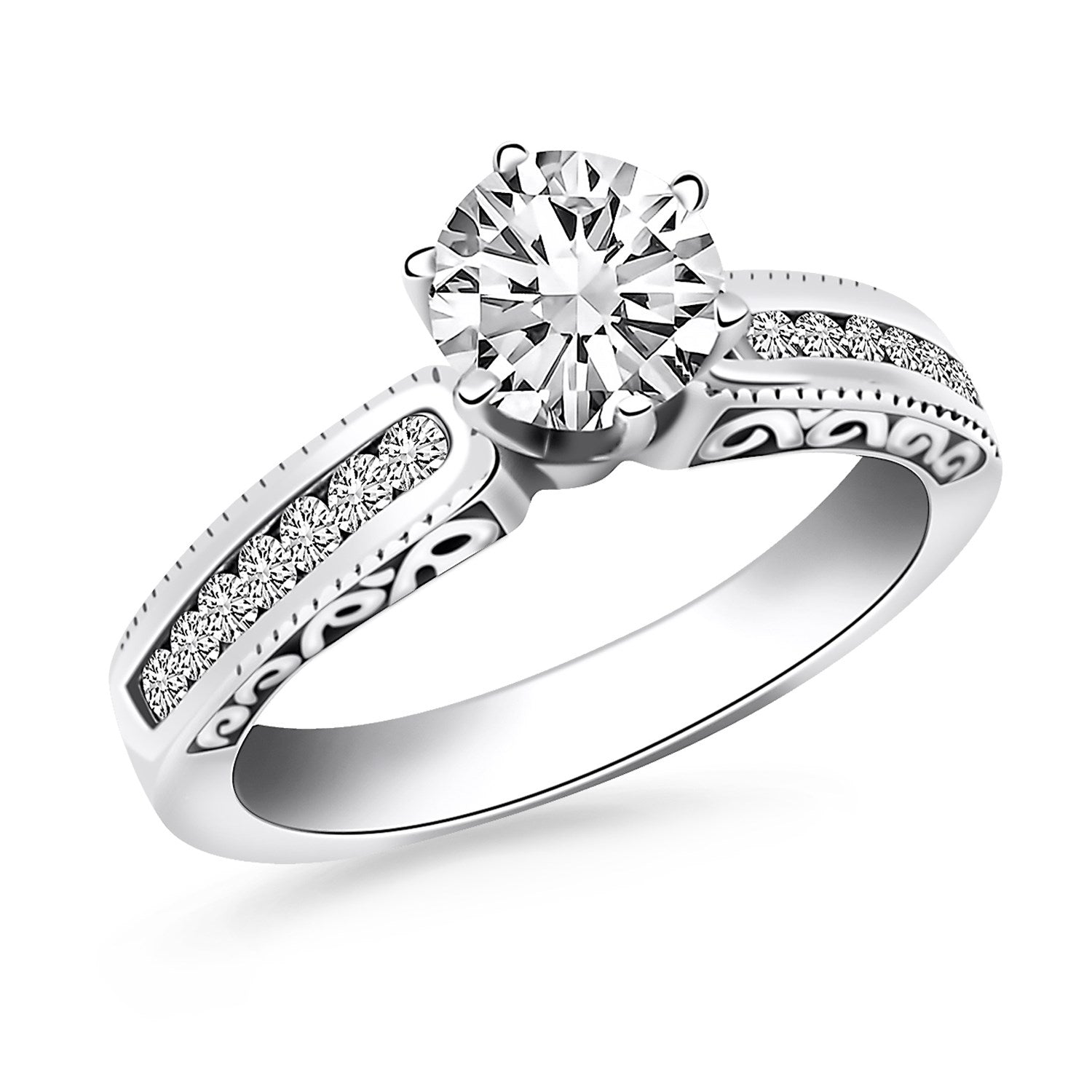 14k White Gold Channel Set Engagement Ring with Engraved Sides in a sleek high-contrast midnight luxury editorial style