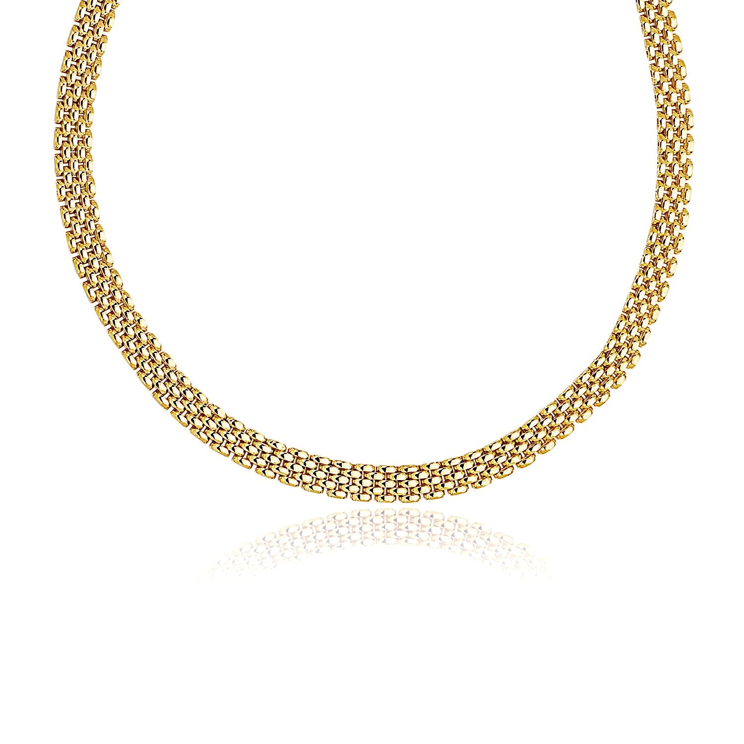 14k Yellow Gold Fancy Polished Multi-Row Panther Link Necklace in a sleek high-contrast midnight luxury editorial style