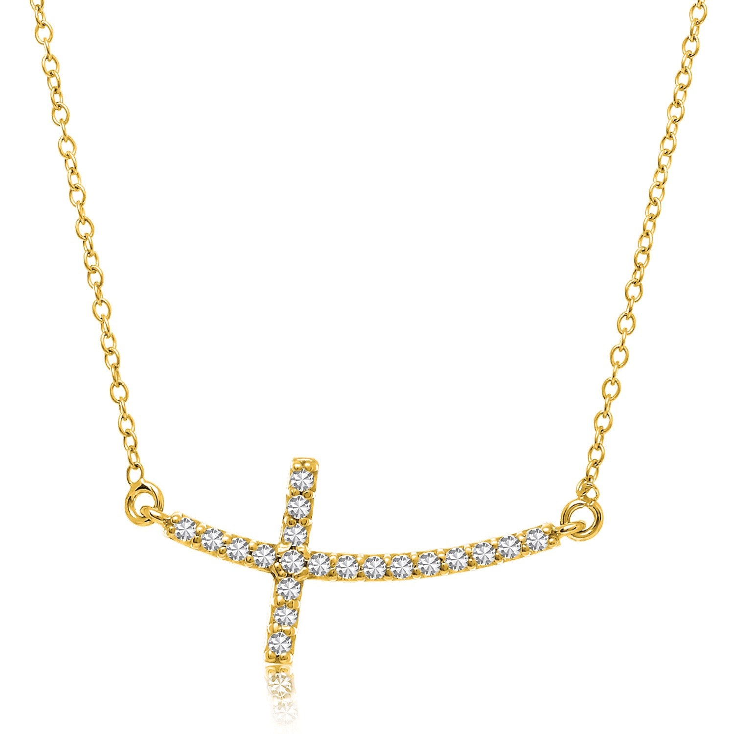 14k Yellow Gold Curved Crucifix Diamond Accented Necklace (.21cttw) in a sleek high-contrast midnight luxury editorial style