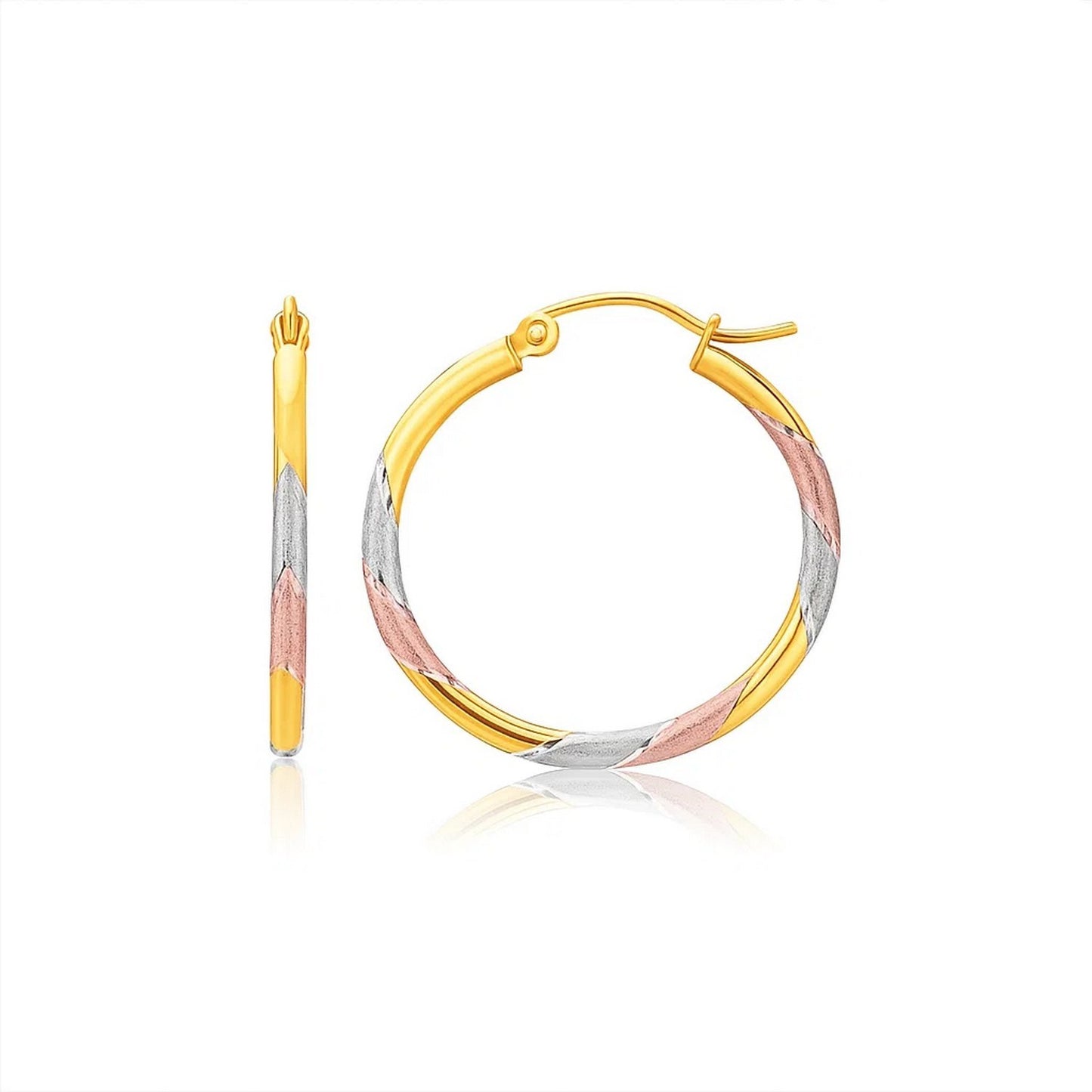 14k Tri-Color Textured Hoop Earrings (2x22mm) in a sleek high-contrast midnight luxury editorial style