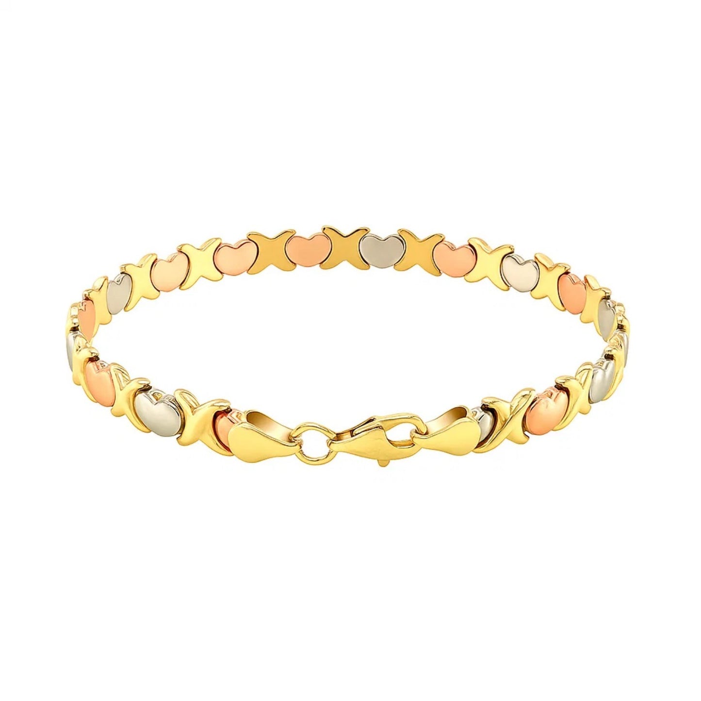 14k Tri-Color Gold Fancy Satin Heart Line Bracelet (6.35 mm)
