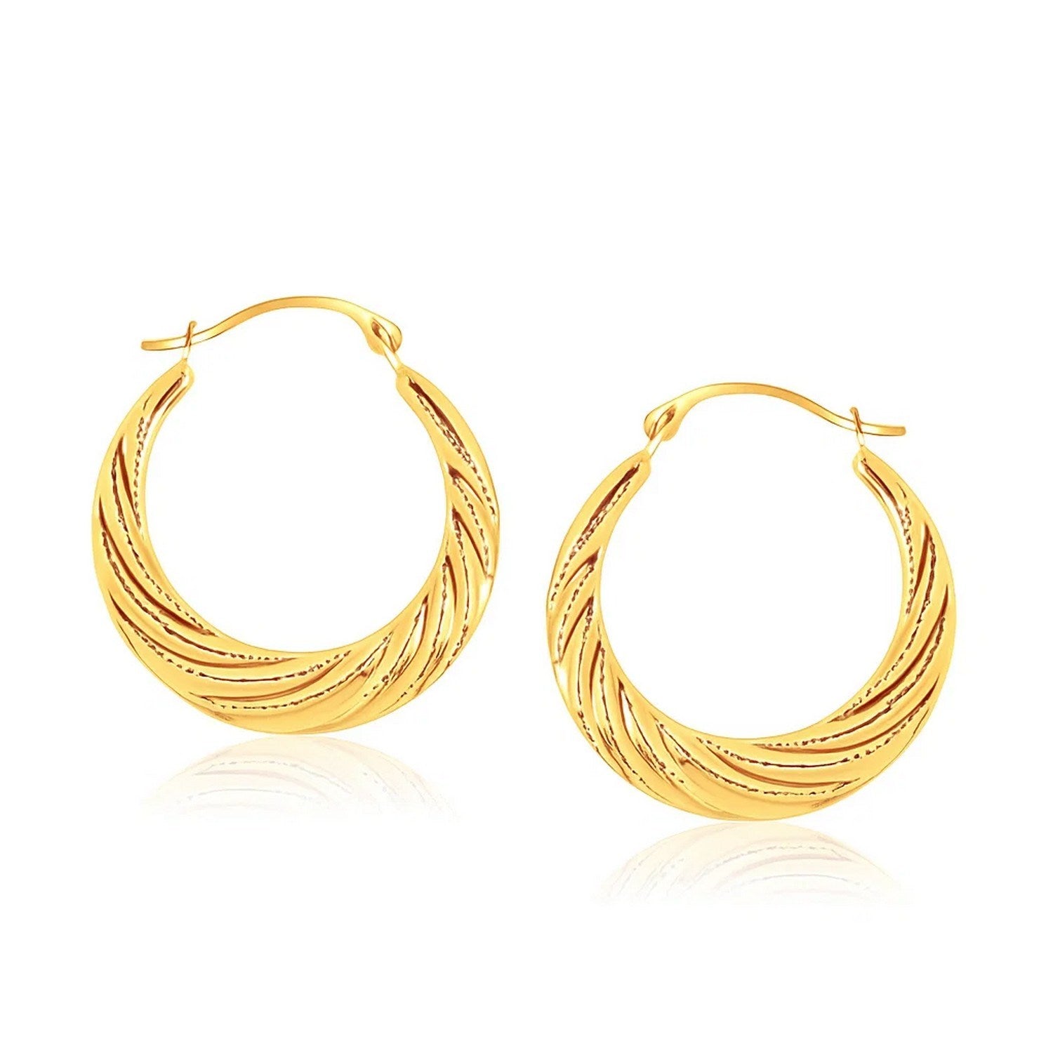14k Yellow Gold Textured Graduated Twist Hoop Earrings in a sleek high-contrast midnight luxury editorial style