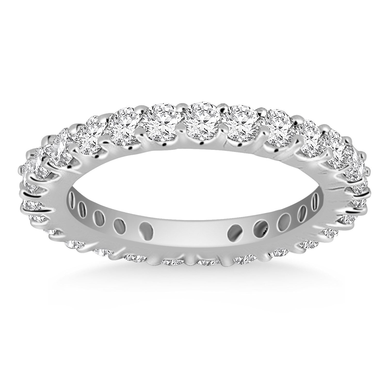14k White Gold Common Prong Round Diamond Eternity Ring in a sleek high-contrast midnight luxury editorial style