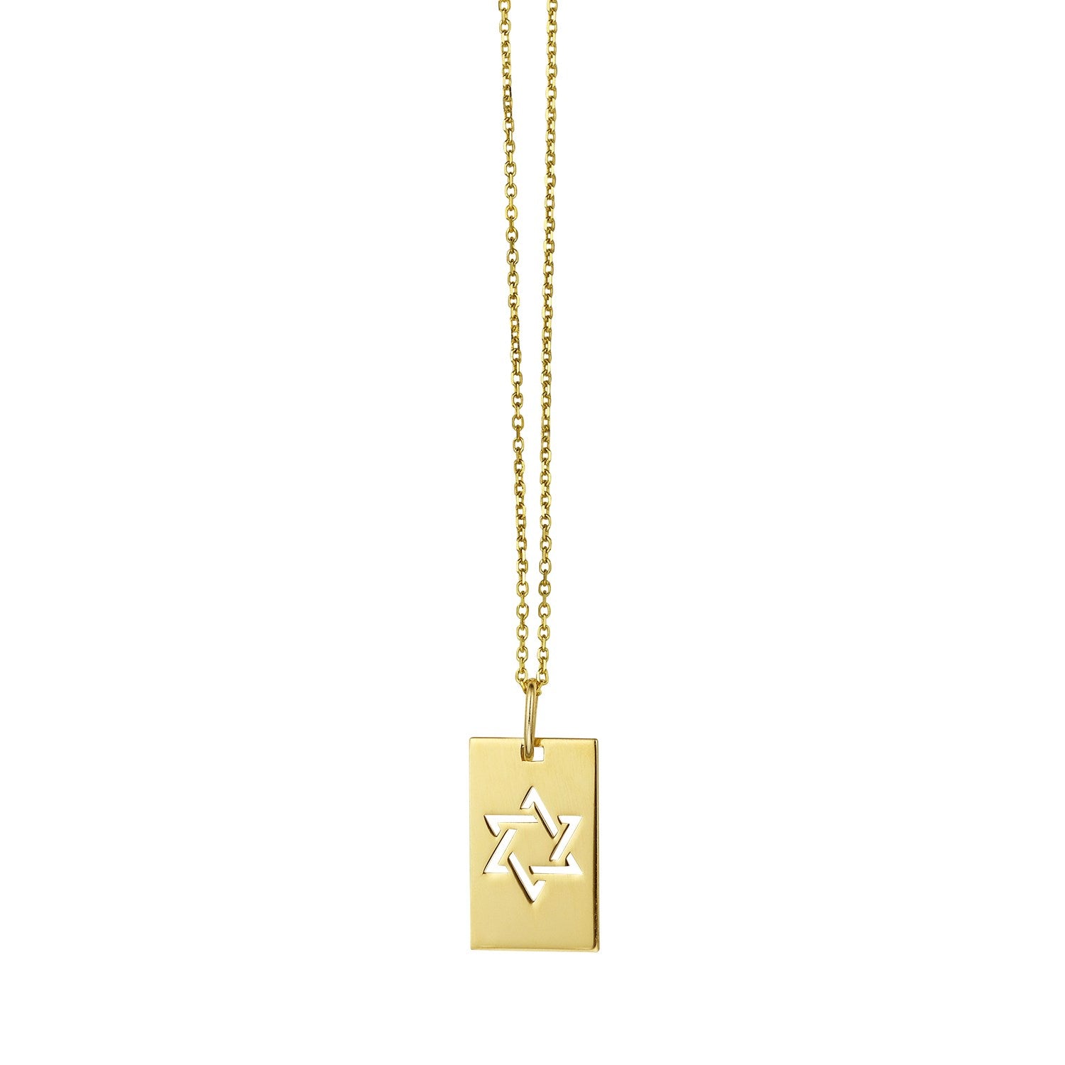 Star of David Tag Pendant Necklace in 14K Yellow Gold in a sleek high-contrast midnight luxury editorial style