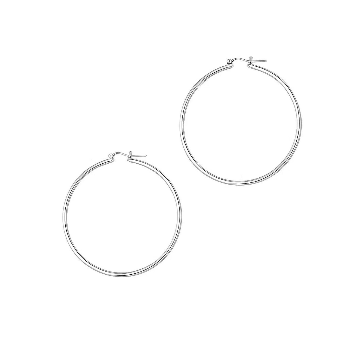 14k White Gold Polished Hoop Earrings (1.5x45mm) in a sleek high-contrast midnight luxury editorial style