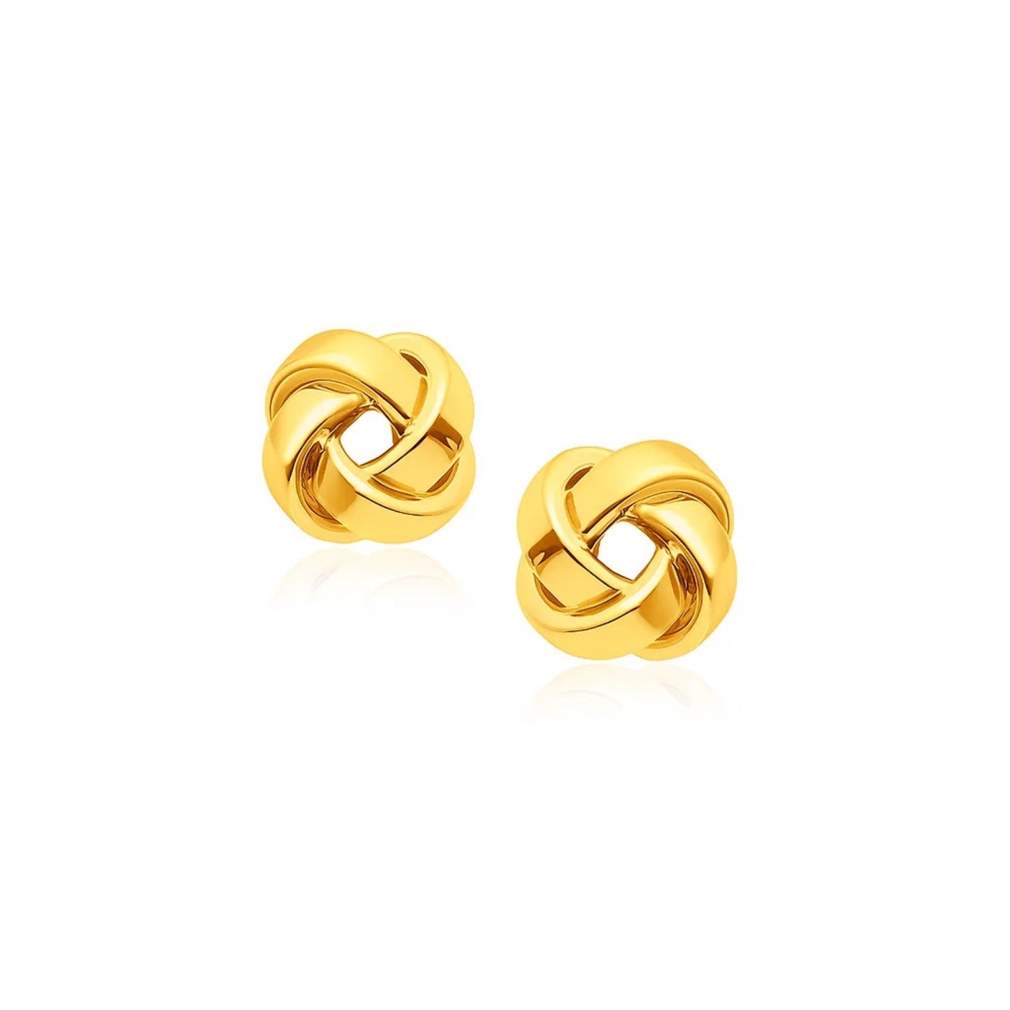 14k Yellow Gold Classic Love Knot Stud Earrings in a sleek high-contrast midnight luxury editorial style