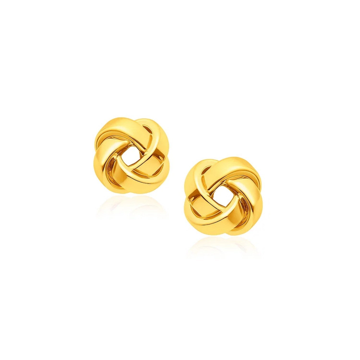 14k Yellow Gold Classic Love Knot Stud Earrings in a sleek high-contrast midnight luxury editorial style
