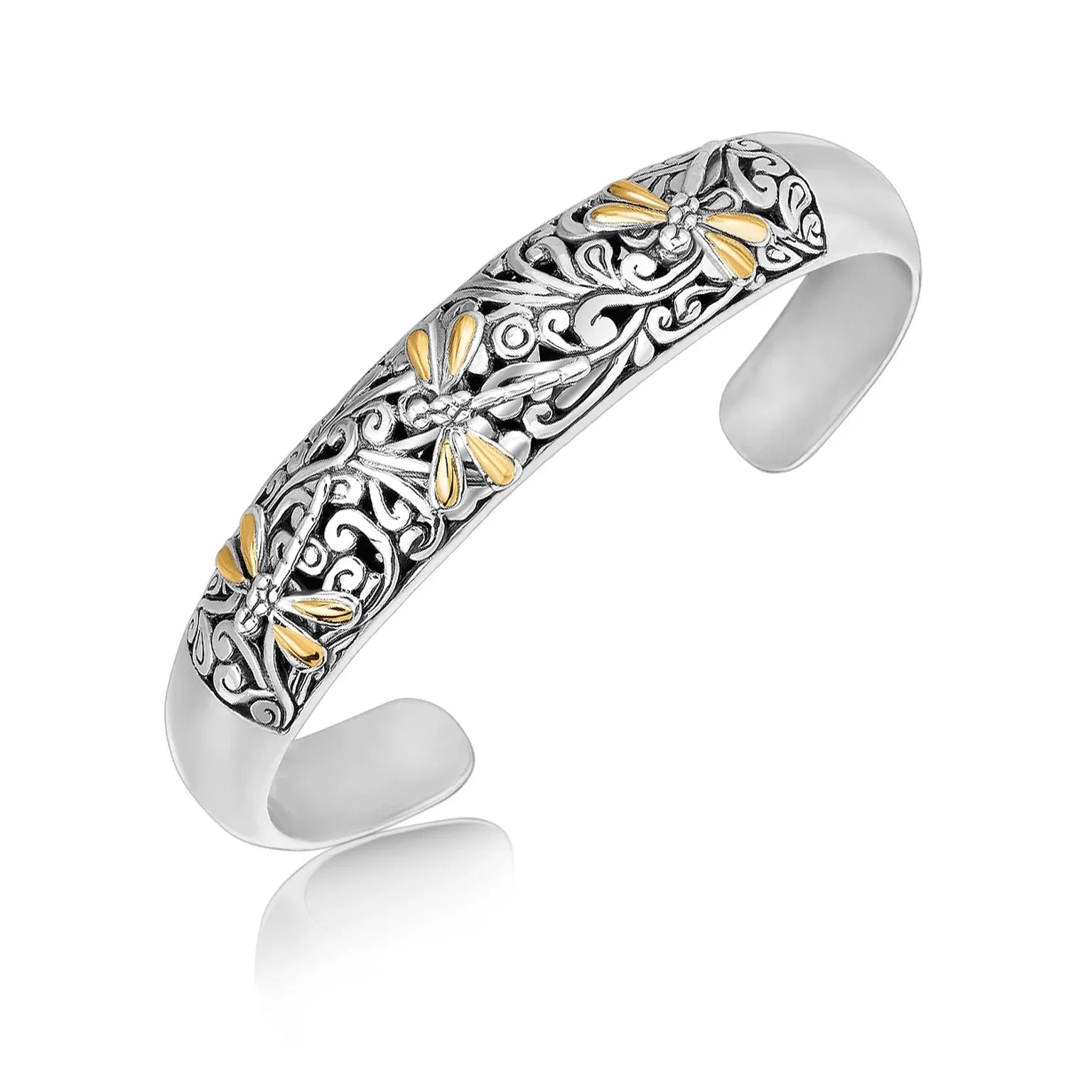 18k Yellow Gold and Sterling Silver Cuff with Dragonfly and Flourishes(12.70 mm) - Peelerie