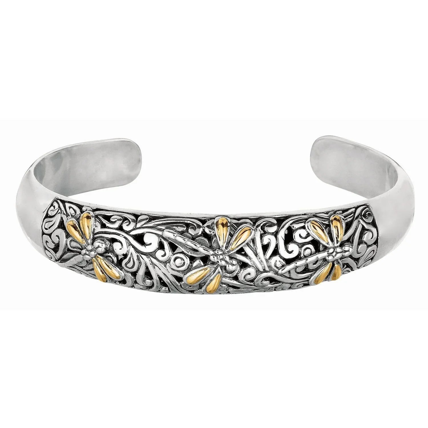 18k Yellow Gold and Sterling Silver Cuff with Dragonfly and Flourishes(12.70 mm) - Peelerie