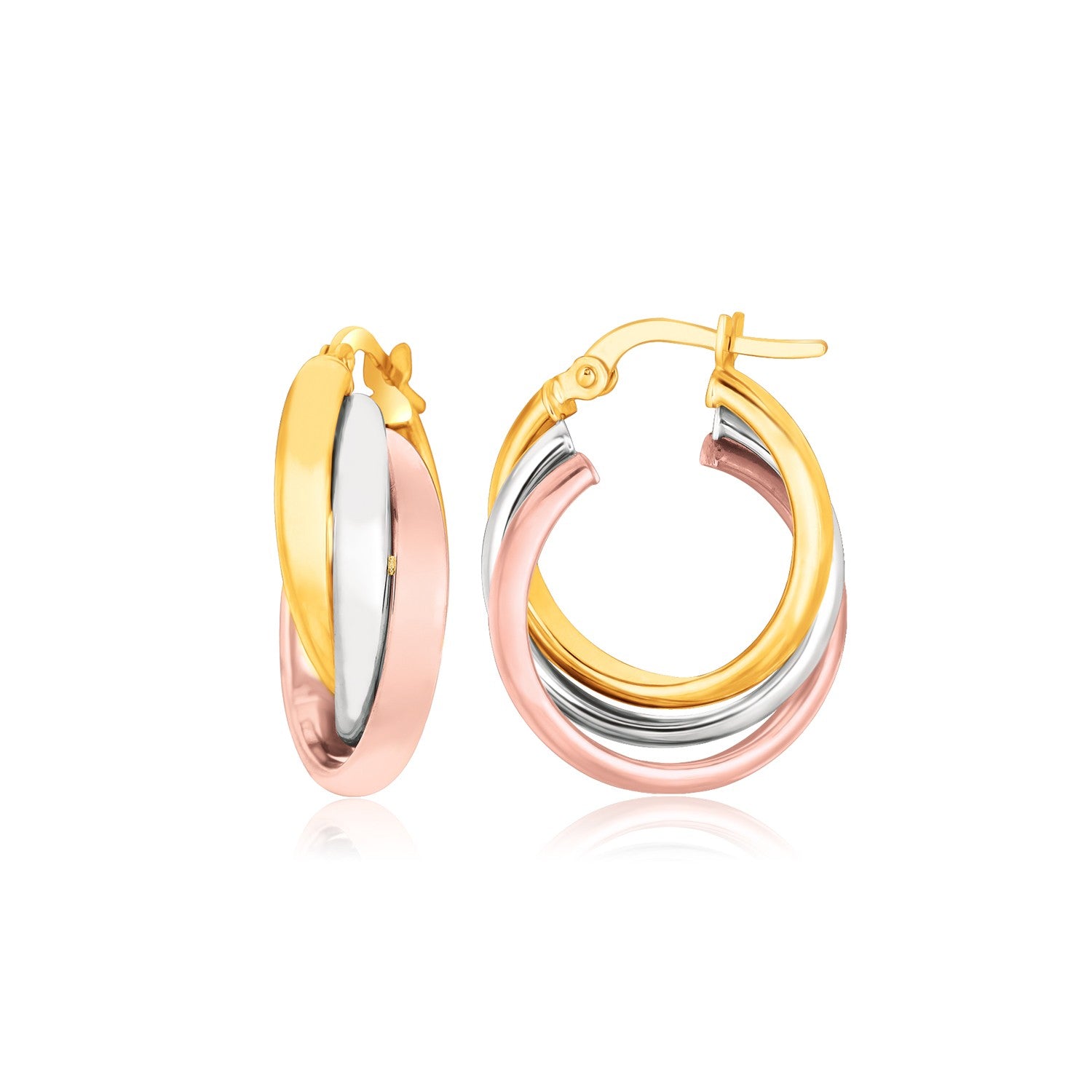 14k Tri-Color Gold Domed Tube Intertwined Earrings in a sleek high-contrast midnight luxury editorial style