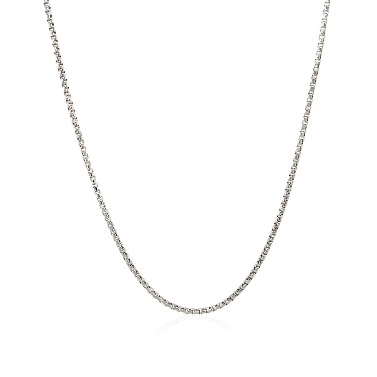 14k White Gold Round Box Chain (1.3 mm) in a sleek high-contrast midnight luxury editorial style