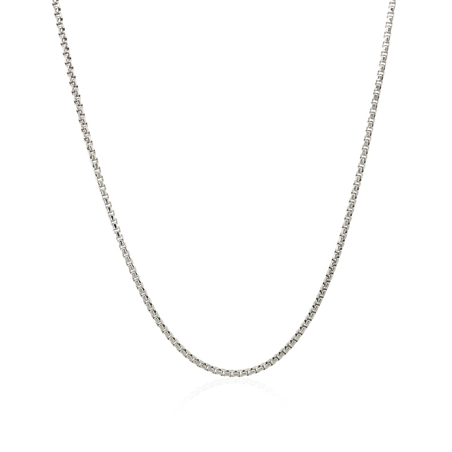 14k White Gold Round Box Chain (1.3 mm) in a sleek high-contrast midnight luxury editorial style