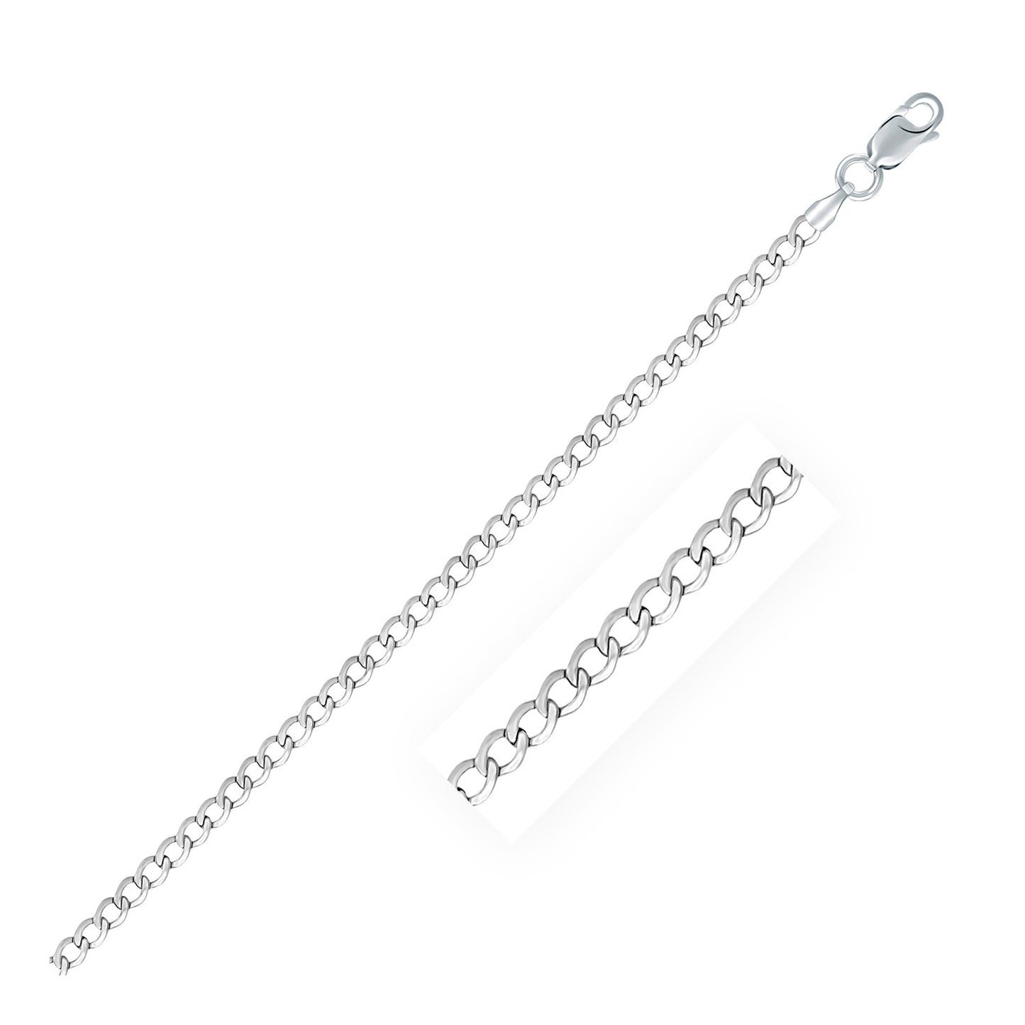 Rhodium Plated Sterling Silver Curb Style Chain (3.00 mm) in a sleek high-contrast midnight luxury editorial style