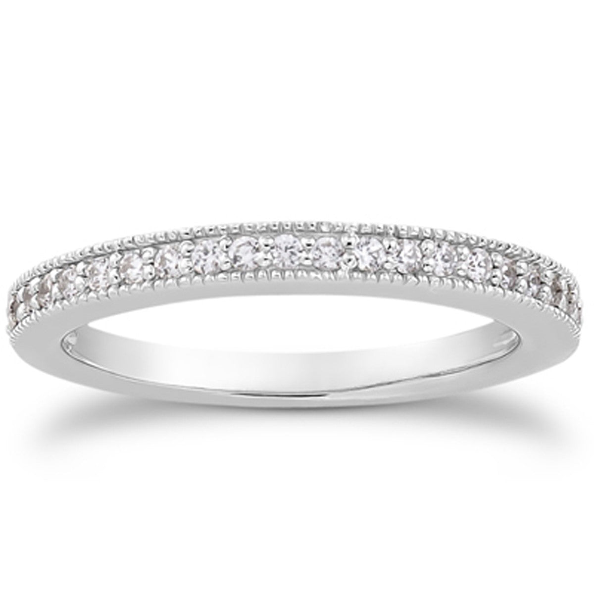 14k White Gold Pave Diamond Milgrain Wedding Ring Band Set 1/2 Around in a sleek high-contrast midnight luxury editorial styl