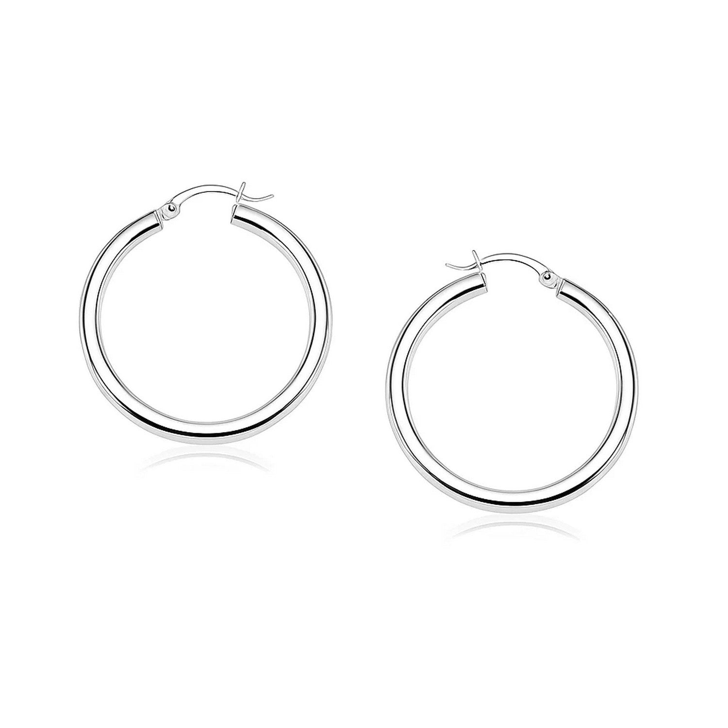 14k White Gold Polished Hoop Earrings (4x25mm) in a sleek high-contrast midnight luxury editorial style