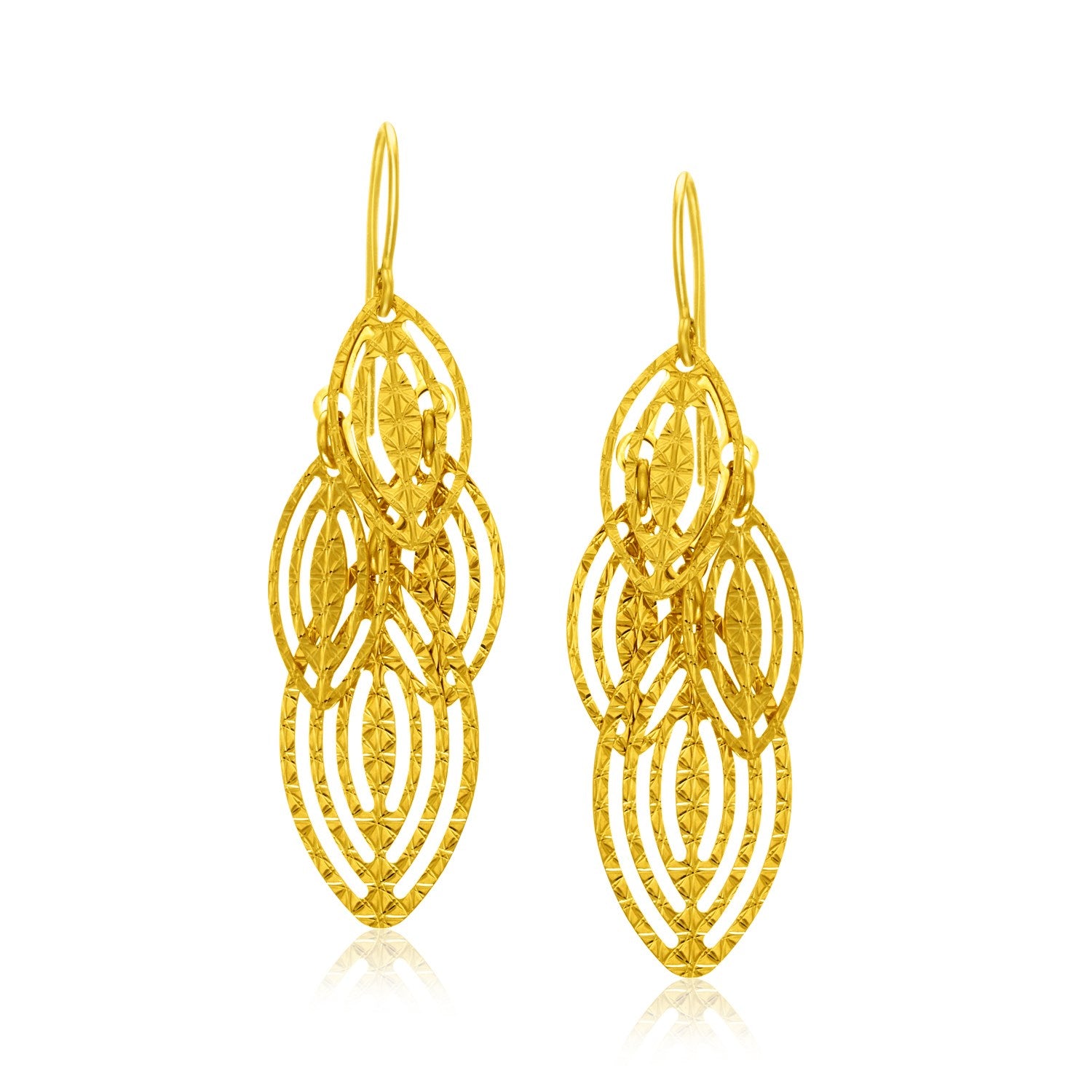 14k Yellow Gold Textured Cascading Cut Out Marquise Earrings in a sleek high-contrast midnight luxury editorial style