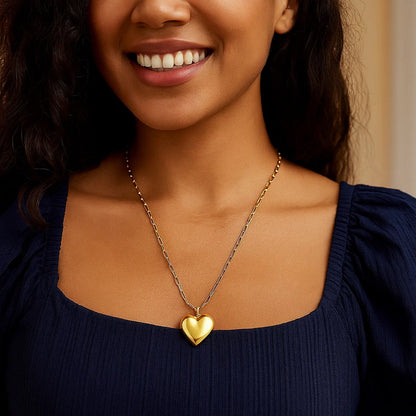 Sterling Silver Gold Plated Large Puffed Heart Long Necklace