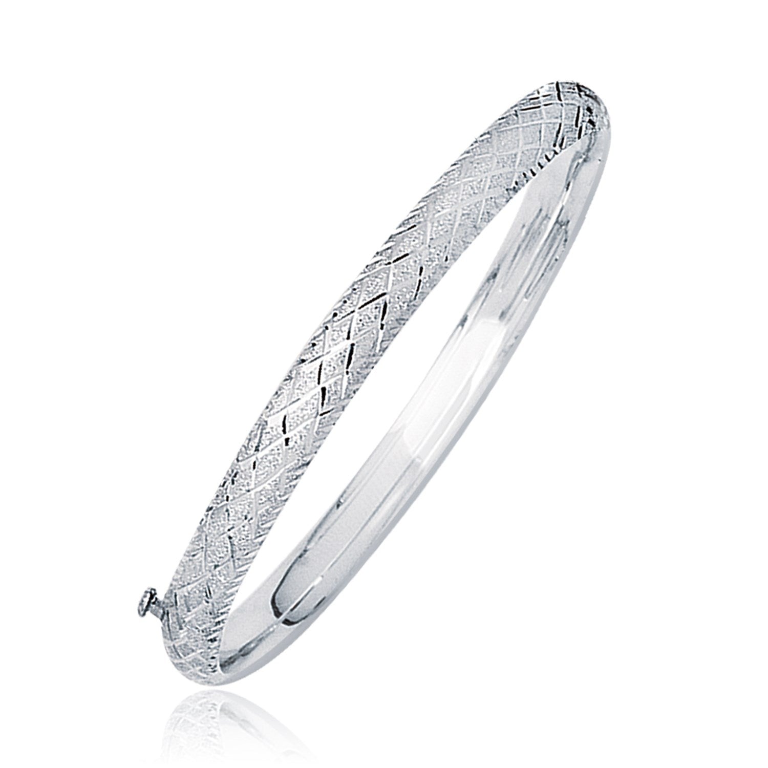14k White Gold Weave Diamond Cut Dome Children's Bangle in a sleek high-contrast midnight luxury editorial style