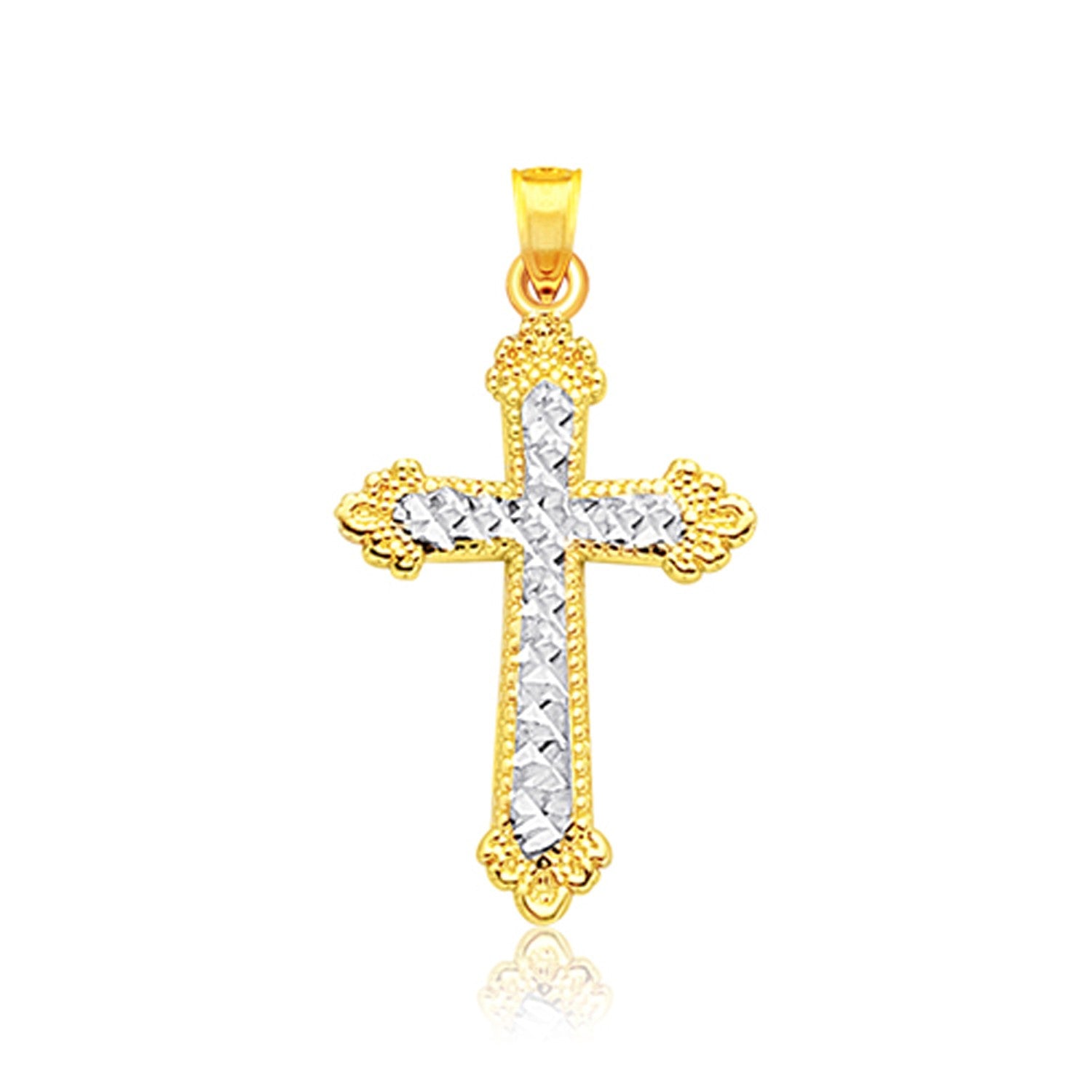 14k Two Tone Gold Diamond Cut Cross Pendant in a sleek high-contrast midnight luxury editorial style