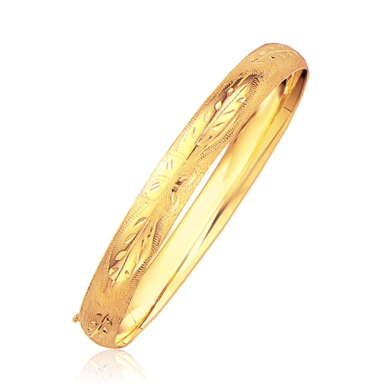 Classic Floral Carved Bangle in 14k Yellow Gold (8.00 mm) in a sleek high-contrast midnight luxury editorial style