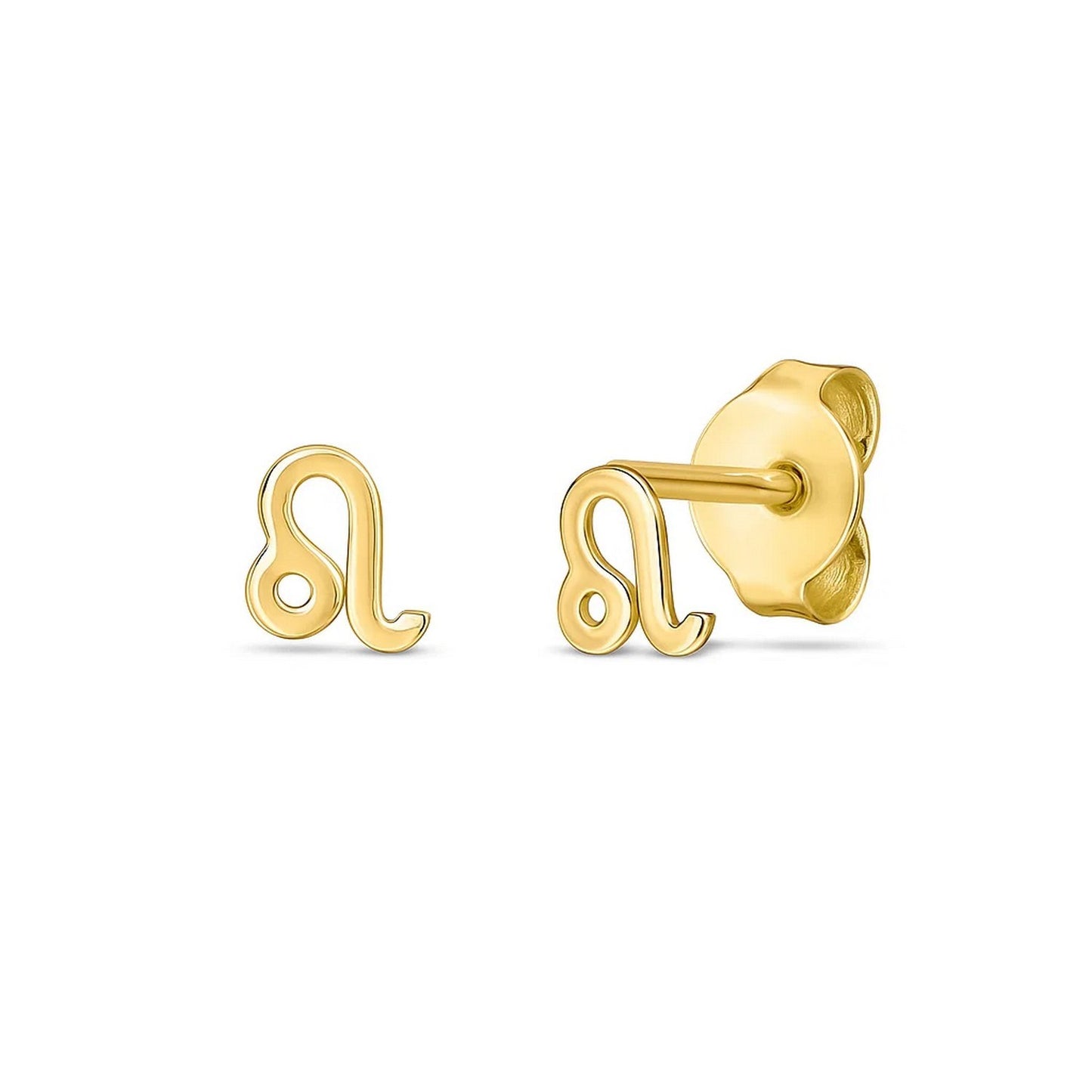 14k Yellow Gold Leo Stud Earrings in a sleek high-contrast midnight luxury editorial style