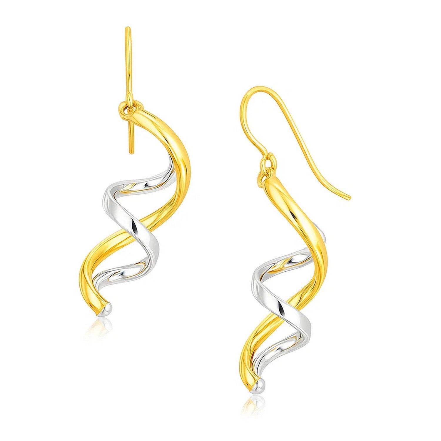14k Two Tone Gold Double Helix Polished Dangling Earrings in a sleek high-contrast midnight luxury editorial style