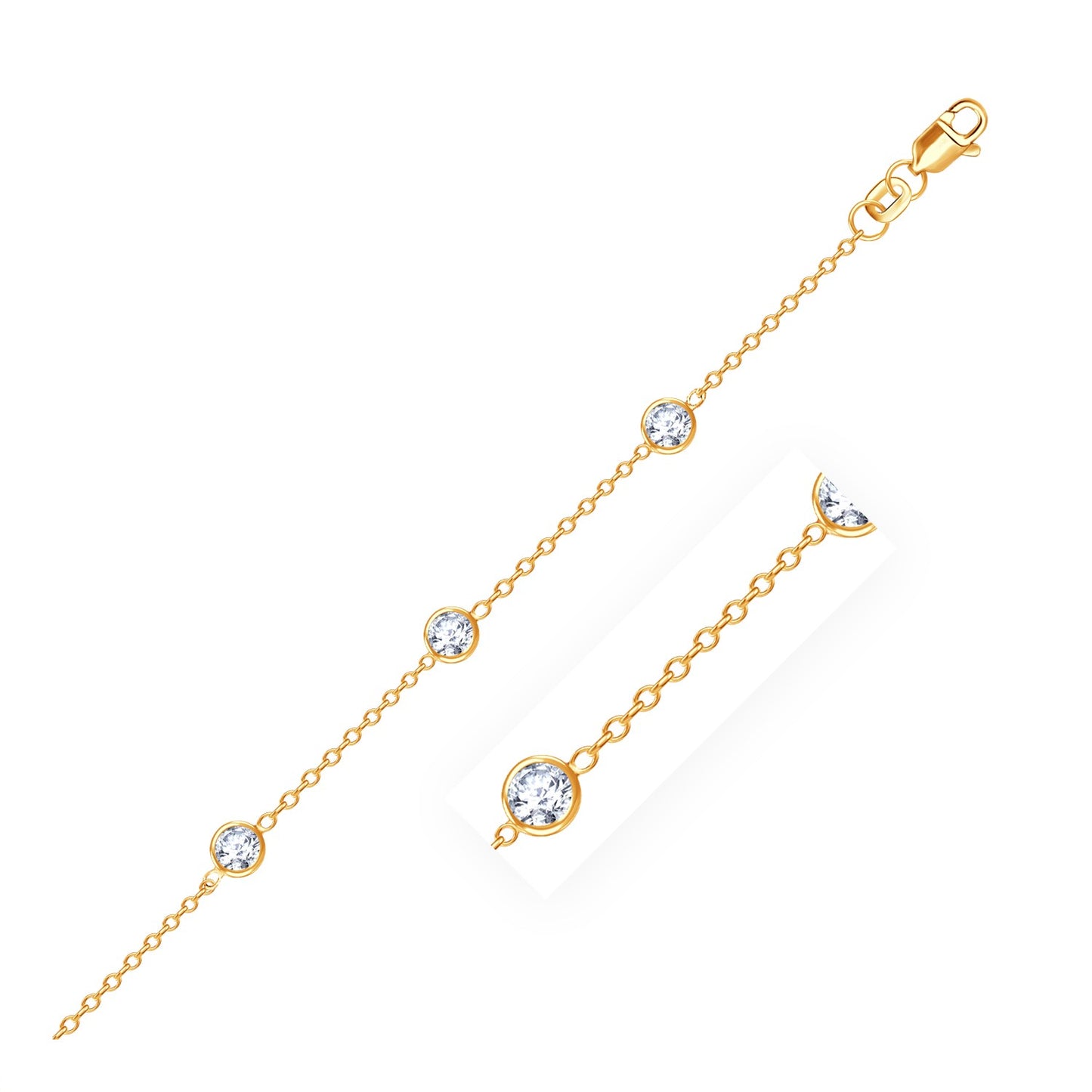 14k Yellow Gold Anklet with Round White Cubic Zirconia in a sleek high-contrast midnight luxury editorial style
