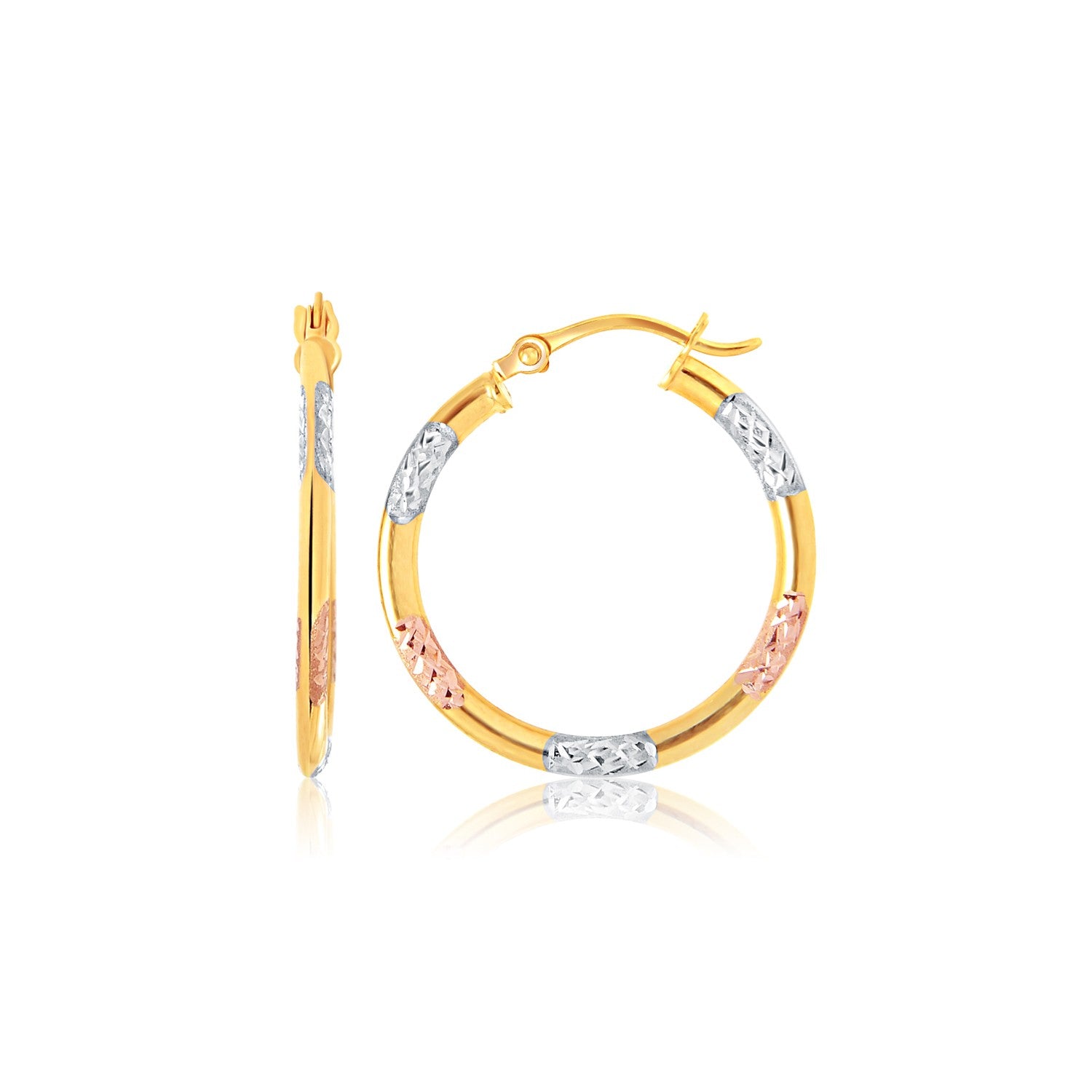 Tri-Color Hoop Earrings with Diamond Cut Accents in 14k Gold(2x15mm) in a sleek high-contrast midnight luxury editorial style