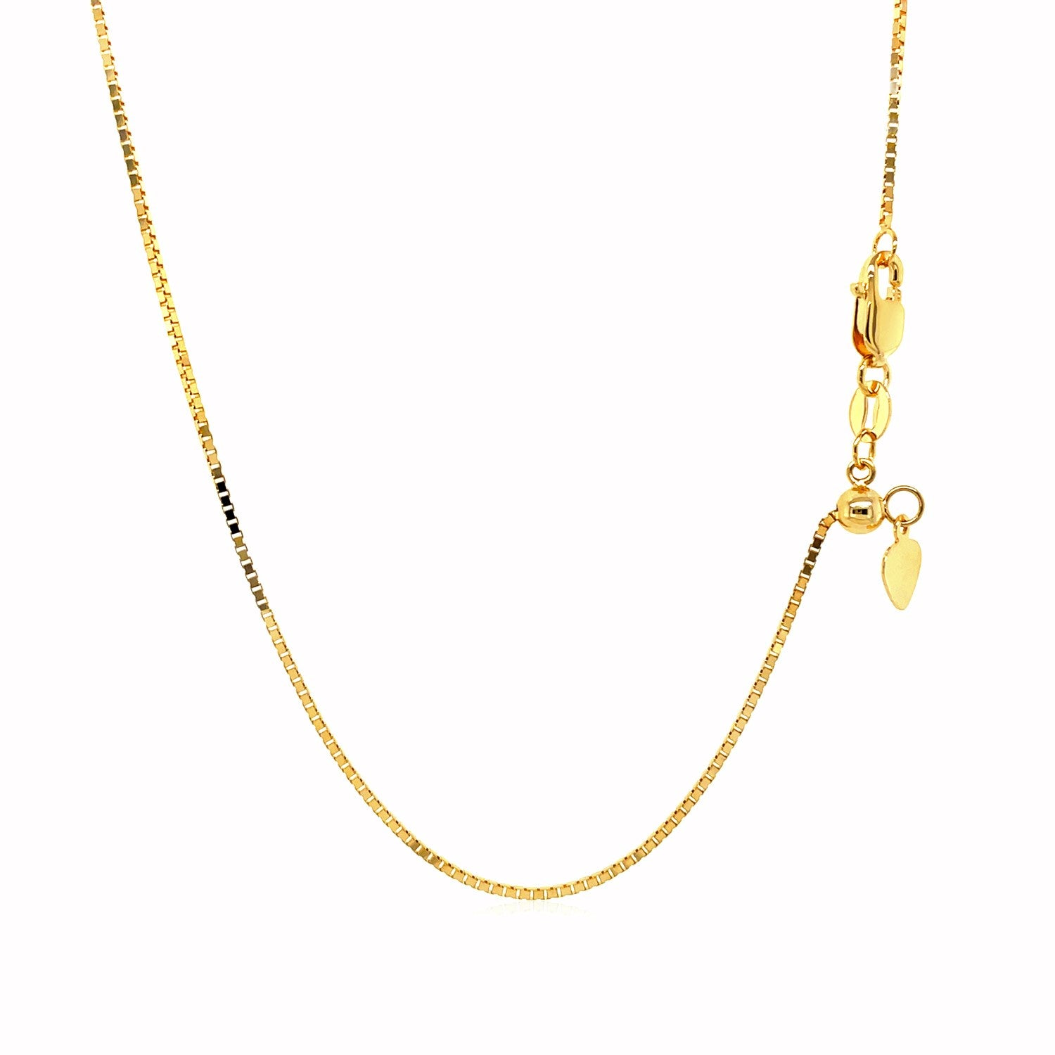 14k Yellow Gold Adjustable Box Chain (0.85 mm) in a sleek high-contrast midnight luxury editorial style