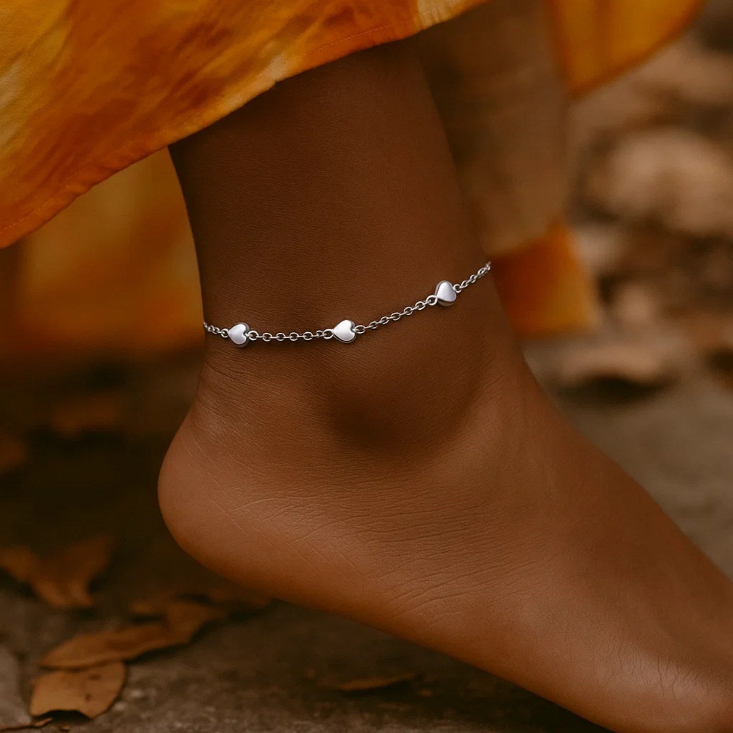 14k White Gold Anklet with Puffed Heart Design - Peelerie