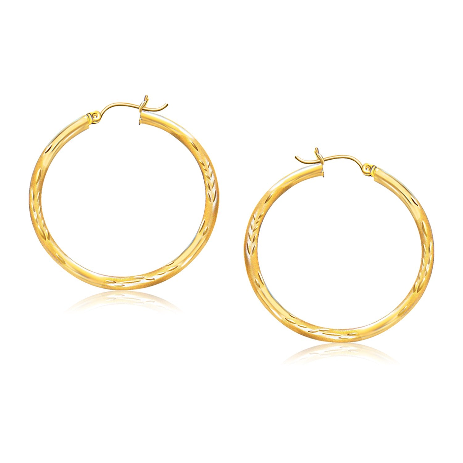 14k Yellow Gold Fancy Diamond Cut Hoop Earrings (3x35mm) in a sleek high-contrast midnight luxury editorial style