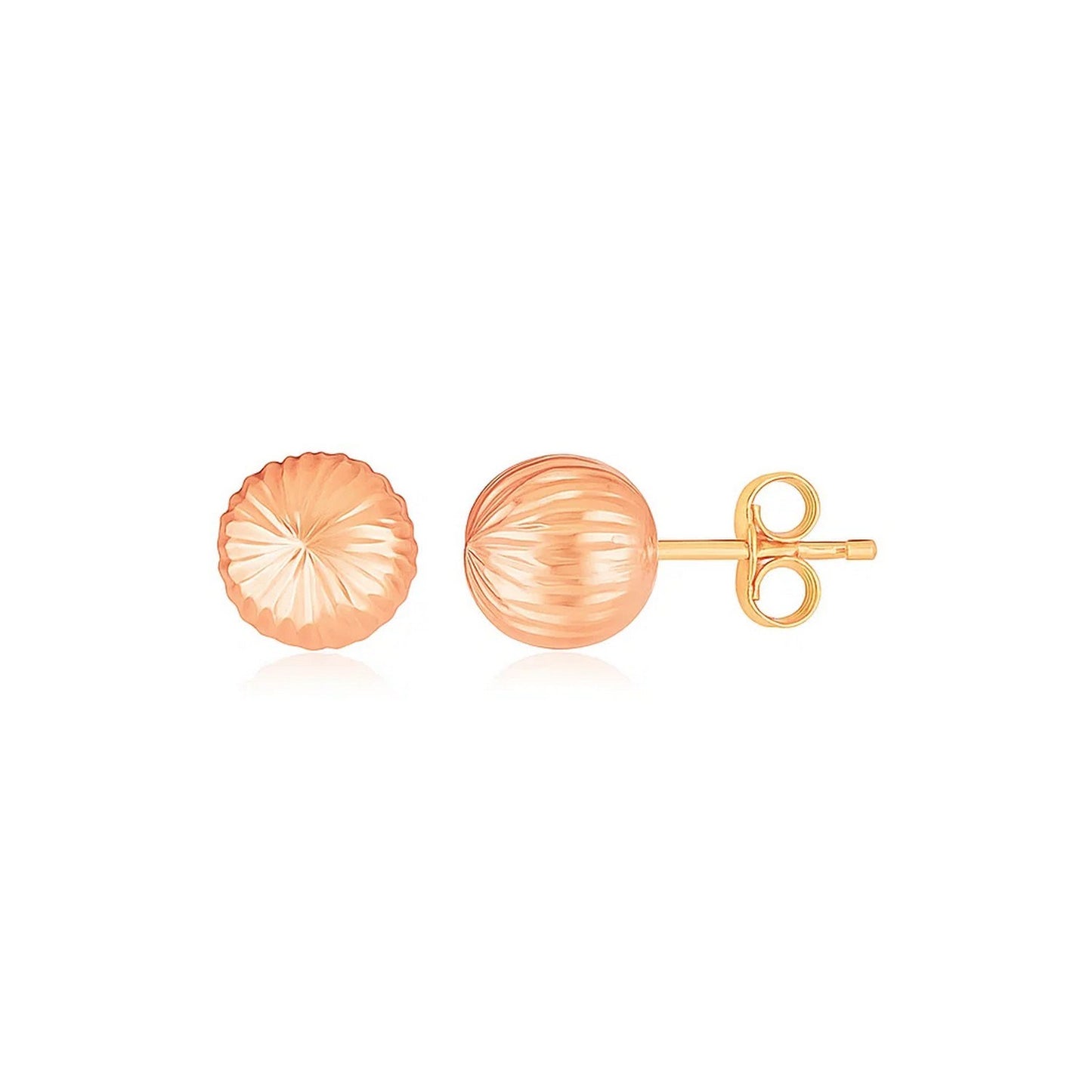 14K Rose Gold Ball Earrings with Linear Texture(5mm) in a sleek high-contrast midnight luxury editorial style