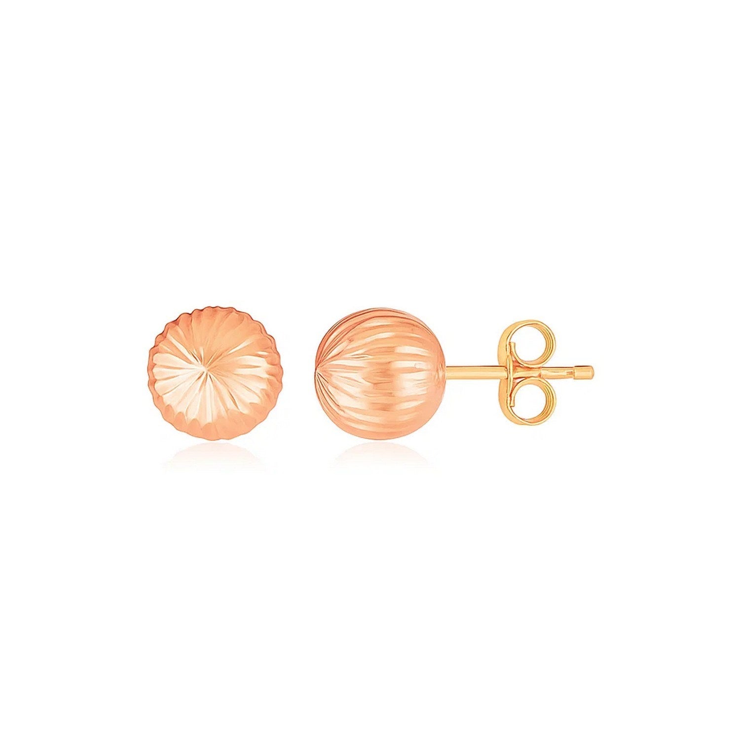 14K Rose Gold Ball Earrings with Linear Texture(5mm) in a sleek high-contrast midnight luxury editorial style