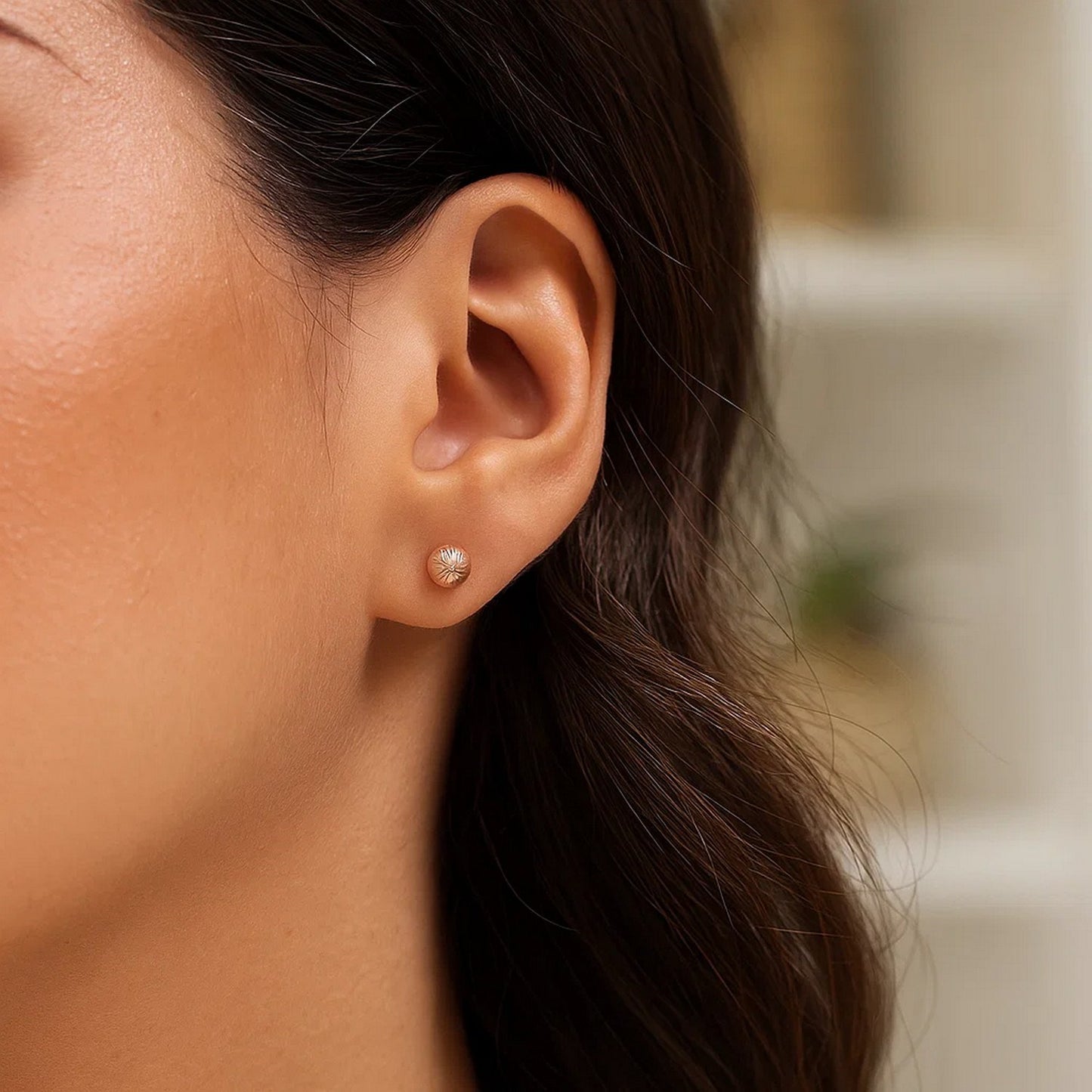 14K Rose Gold Ball Earrings with Linear Texture(5mm)