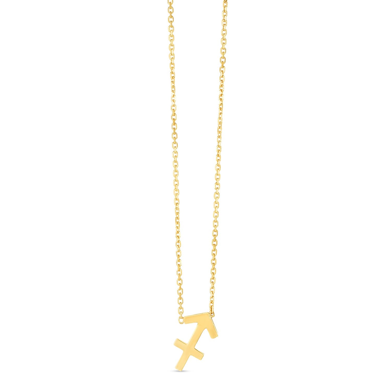 14K Yellow Gold Sagittarius Necklace in a sleek high-contrast midnight luxury editorial style