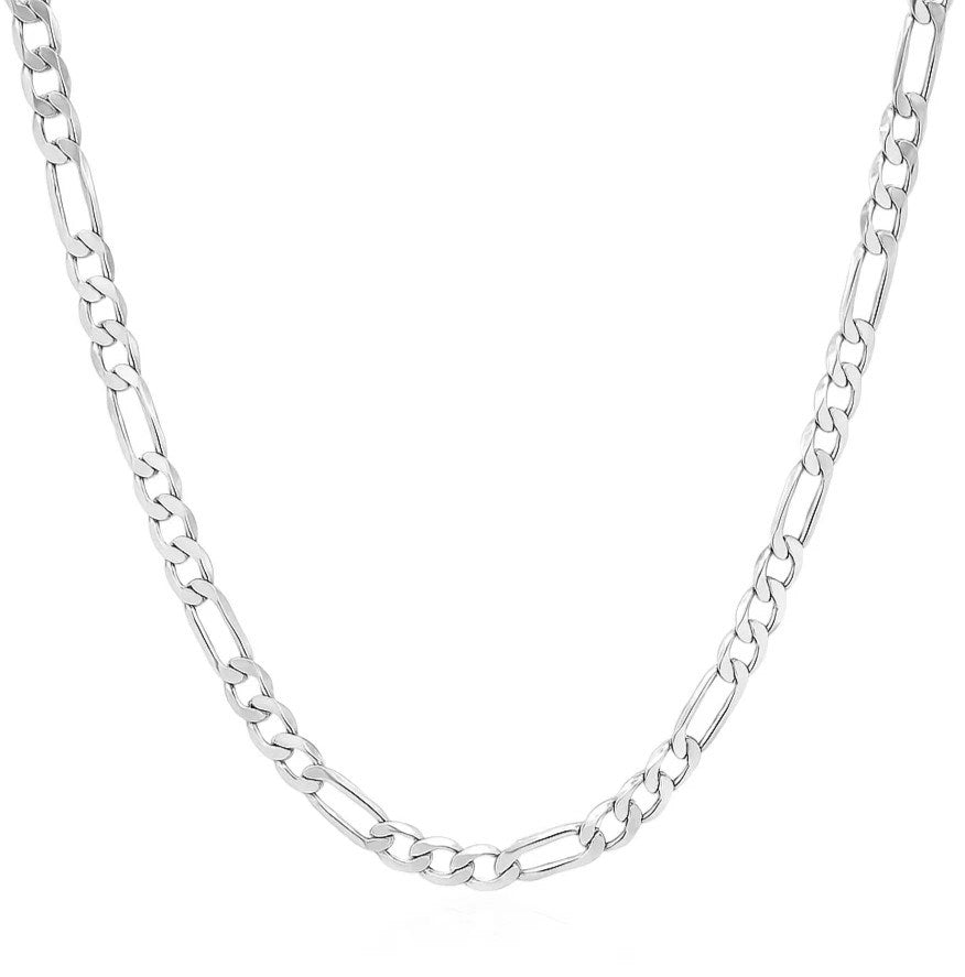 14k White Gold Solid Figaro Chain (2.60 mm) in a sleek high-contrast midnight luxury editorial style