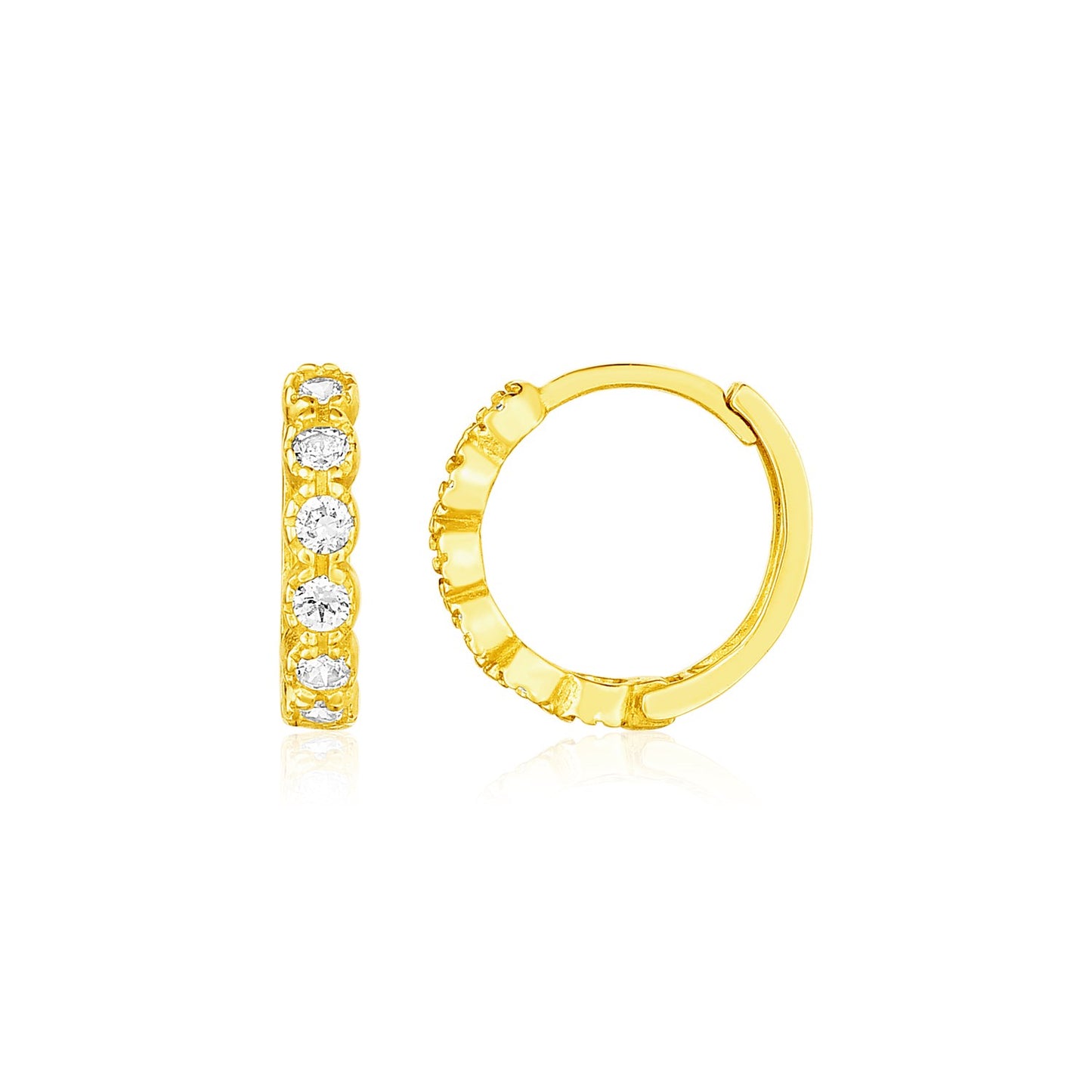 14k Yellow Gold Petite Hoop Earrings with Round Cubic Zirconias in a sleek high-contrast midnight luxury editorial style