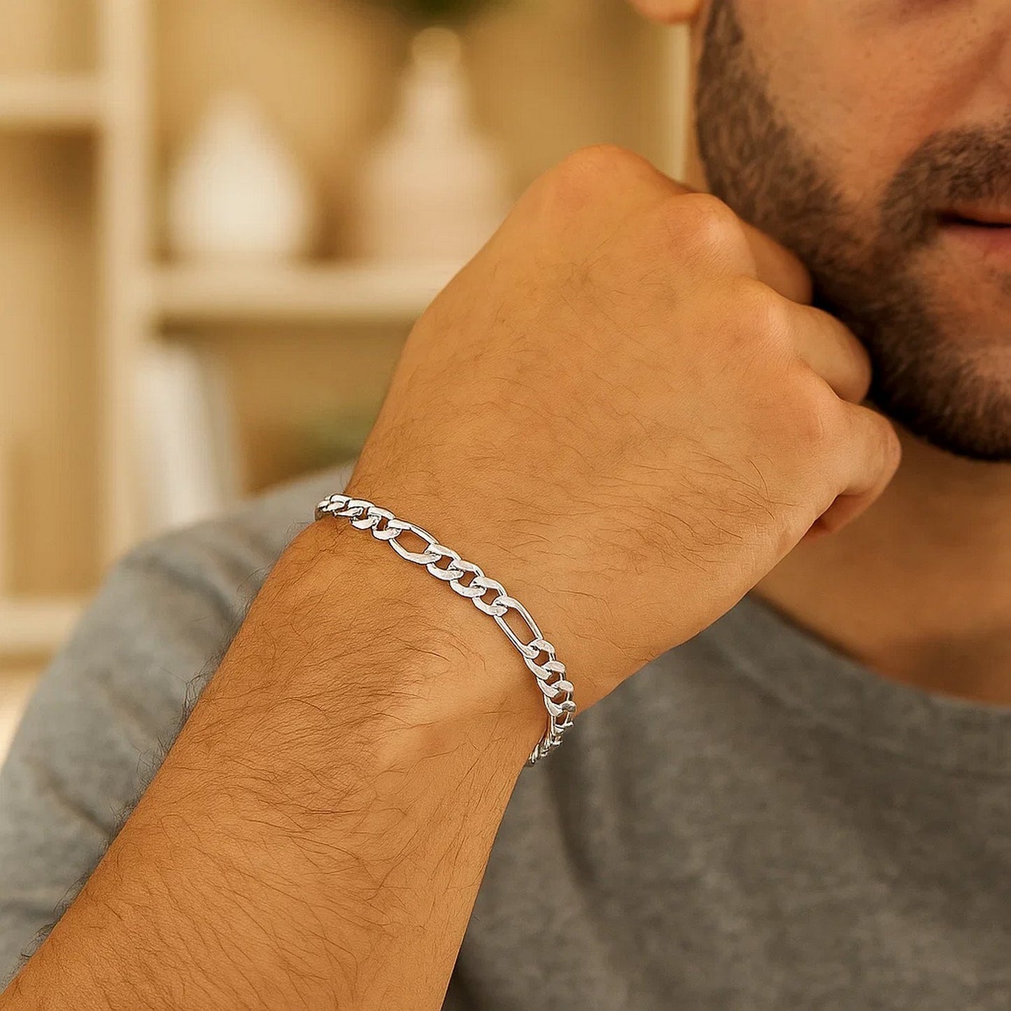 14k White Gold Solid Figaro Bracelet (4.50 mm)