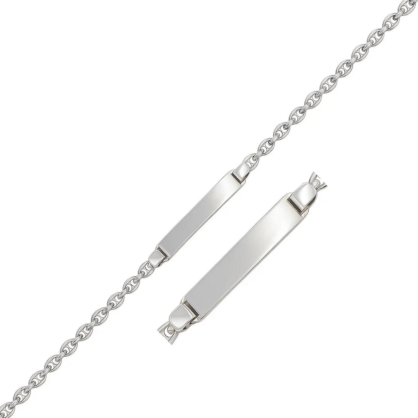 14k White Gold Figaro Chain Fancy Childrens ID Bracelet (3.30 mm) in a sleek high-contrast midnight luxury editorial style