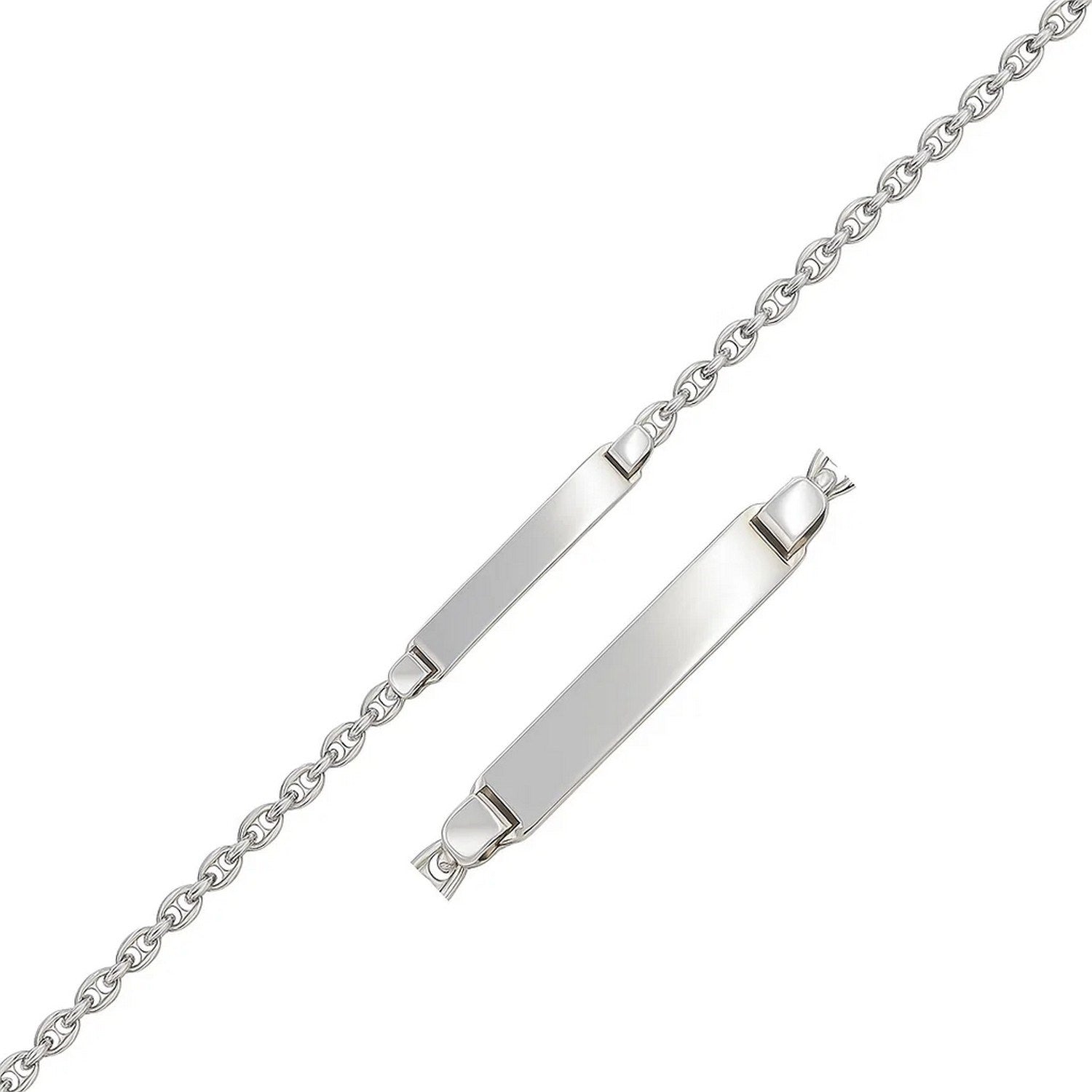 14k White Gold Figaro Chain Fancy Childrens ID Bracelet (3.30 mm) in a sleek high-contrast midnight luxury editorial style