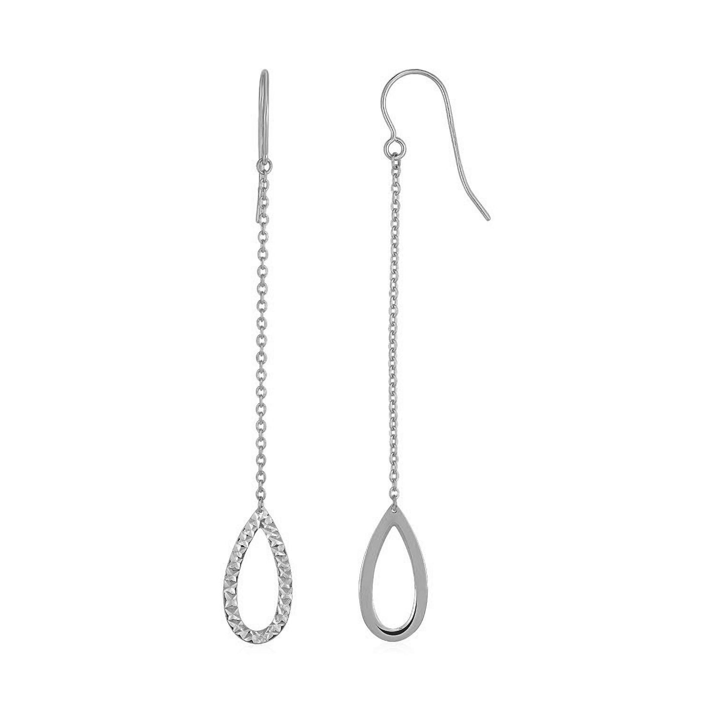 Textured Pear Shaped Long Drop Earrings in 14k White Gold in a sleek high-contrast midnight luxury editorial style