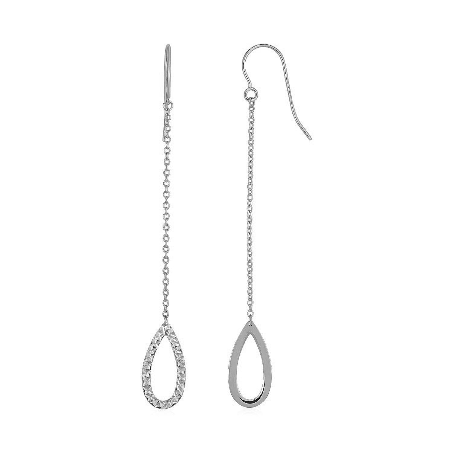 Textured Pear Shaped Long Drop Earrings in 14k White Gold in a sleek high-contrast midnight luxury editorial style