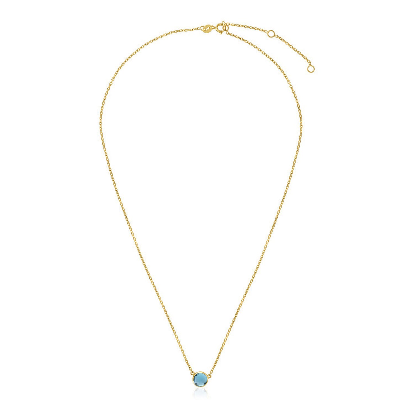 14k Yellow Gold 17 inch Necklace with Round Blue Topaz in a sleek high-contrast midnight luxury editorial style